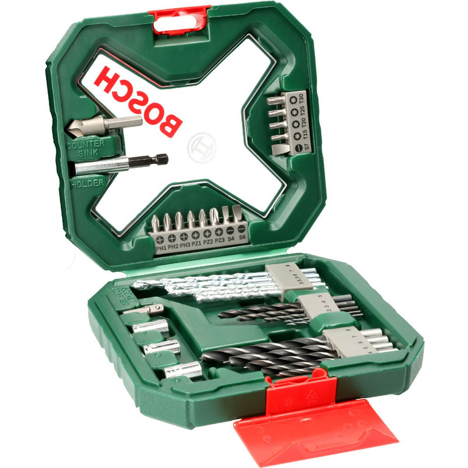 Juego de brocas Bosch verde. Contiene brocas y cabezales de diferentes tamaños y tipos. La caja está abierta.