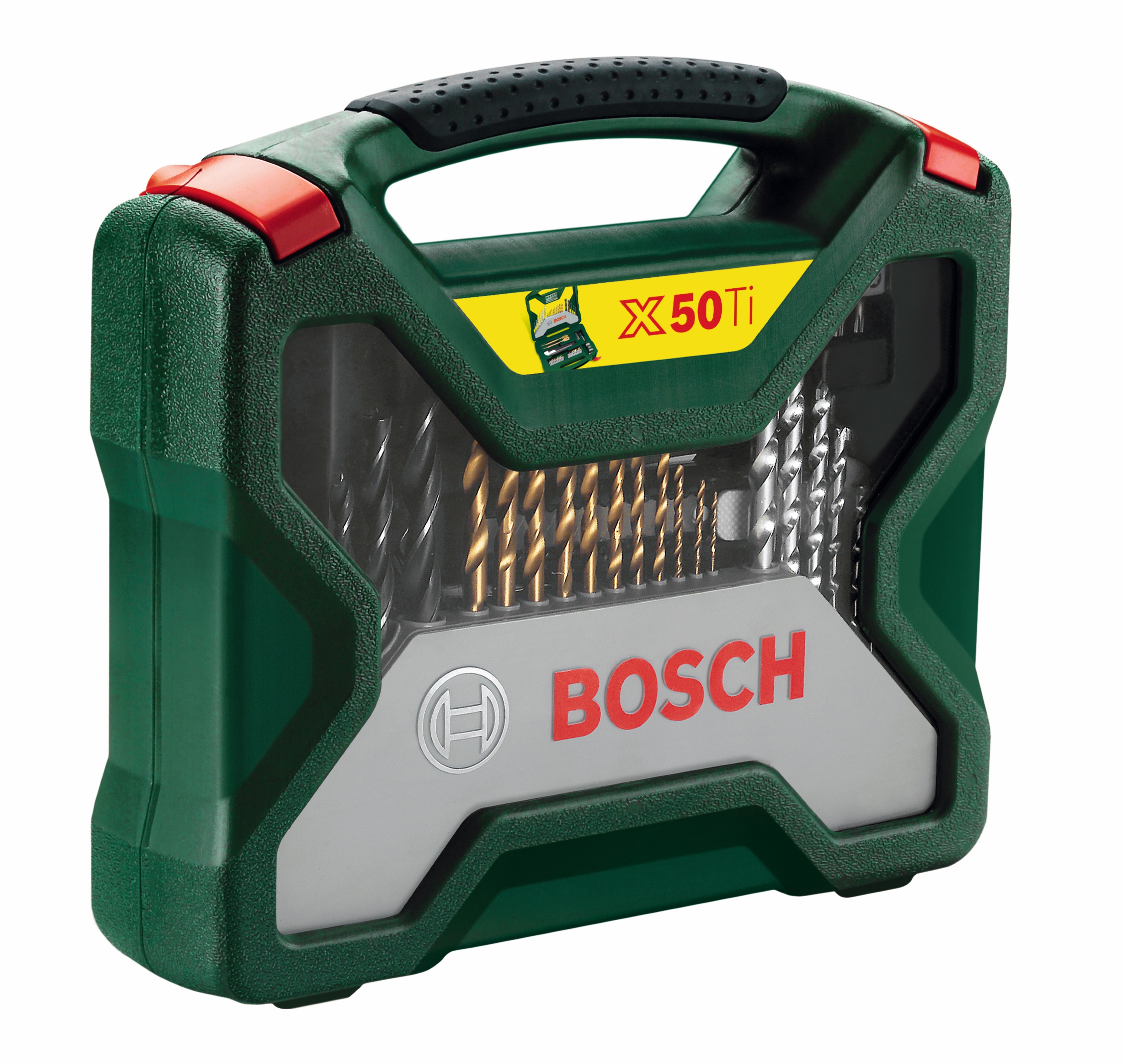 Una valigetta verde Bosch per set di punte con dettagli rossi. Contiene varie punte dorate e argentate. Il logo Bosch è visibile.