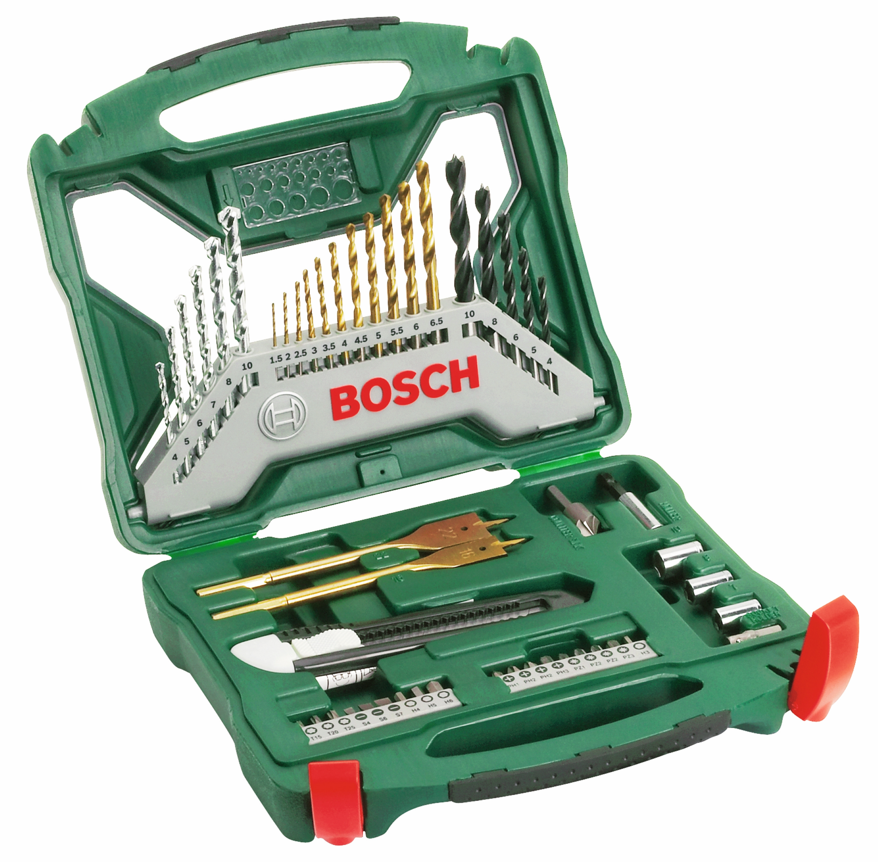 Set di punte Bosch verde aperto. Contiene punte di varie dimensioni, un coltello e inserti per cacciavite.