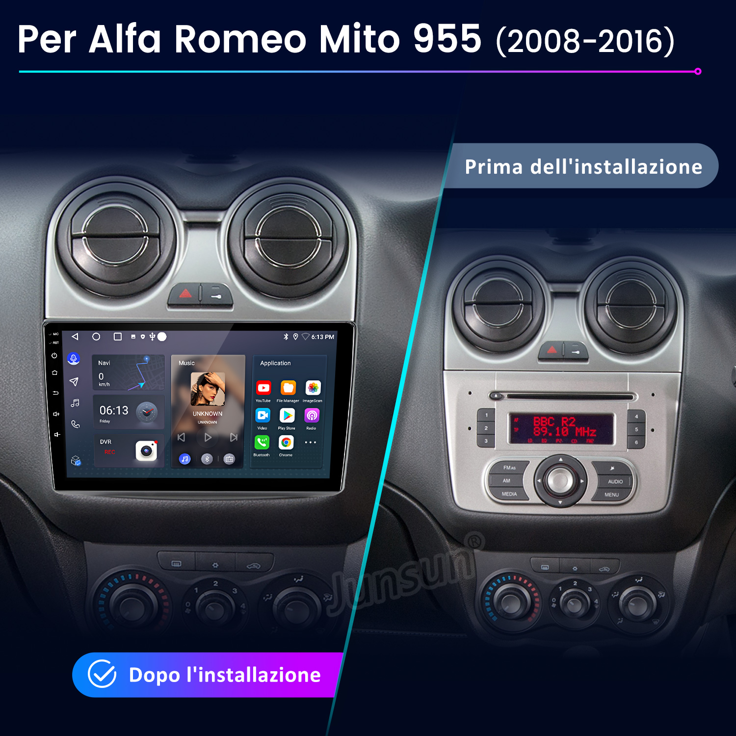 Confronto cruscotti auto. A sinistra display digitale con app, a destra radio e comandi tradizionali.