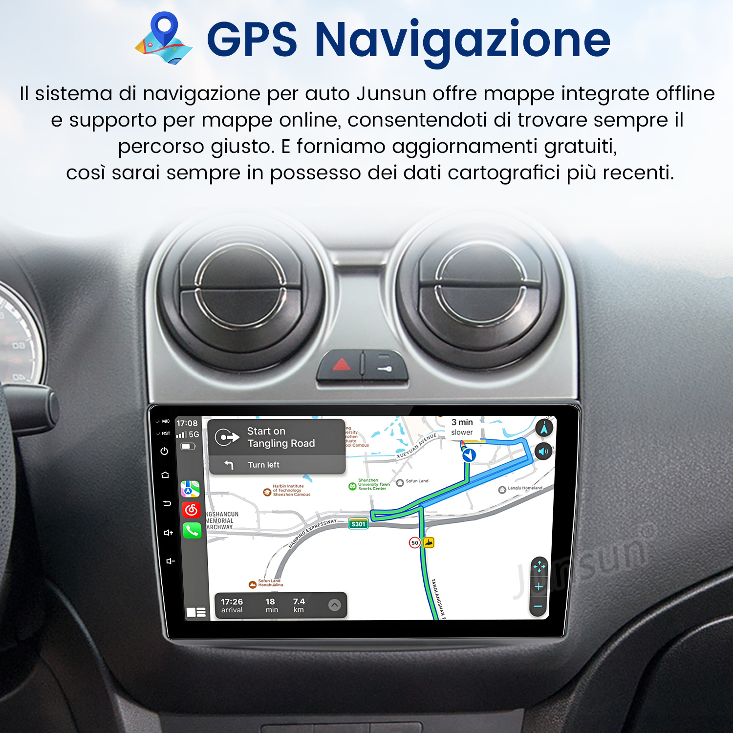 Cruscotto auto con schermo di navigazione GPS che mostra una mappa, testo in italiano. Lo schermo è nella console centrale.