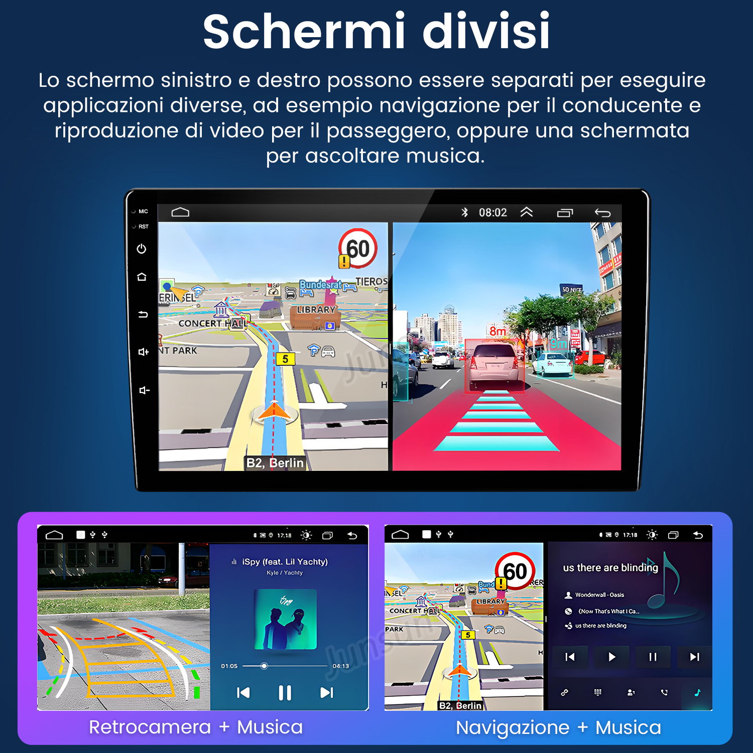 Display auto con navigazione e musica. Sinistra: telecamera, destra: mappa e controlli musica.