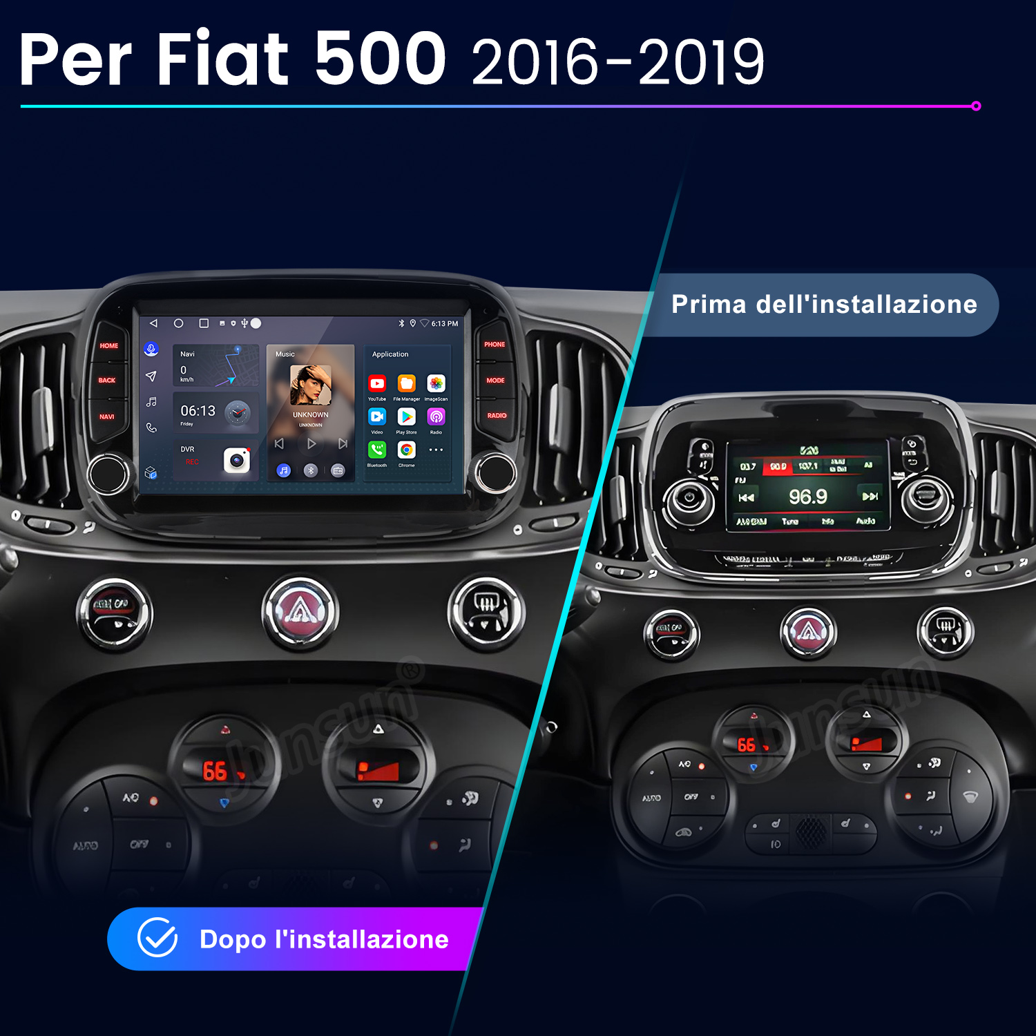 L'immagine mostra il cruscotto di un'auto prima e dopo l'installazione di un nuovo sistema di infotainment.
