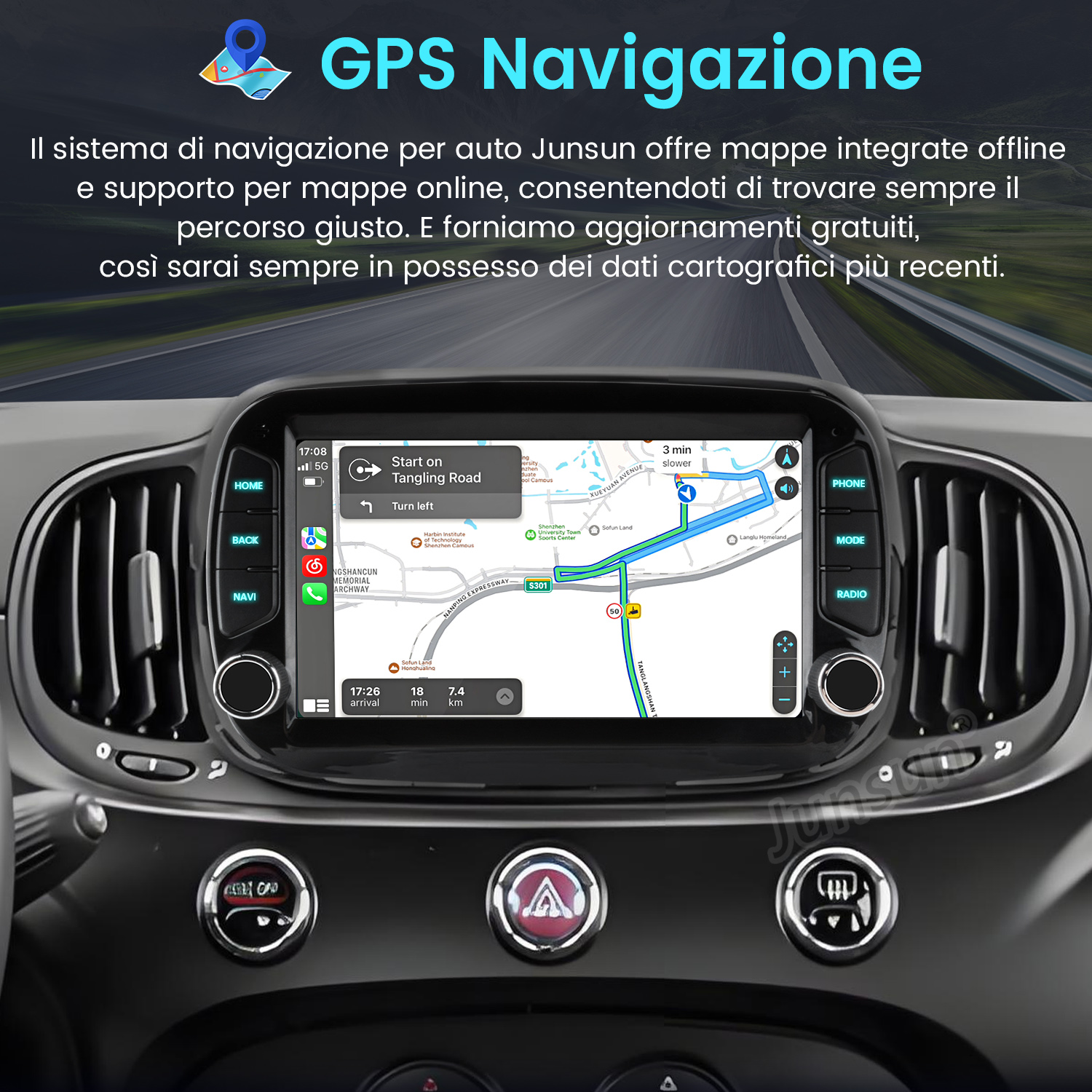 Schermo di navigazione dell'auto che mostra una mappa del percorso. Testo in italiano. Cruscotto con pulsanti e bocchette dell'aria. Titolo GPS Navigazione.
