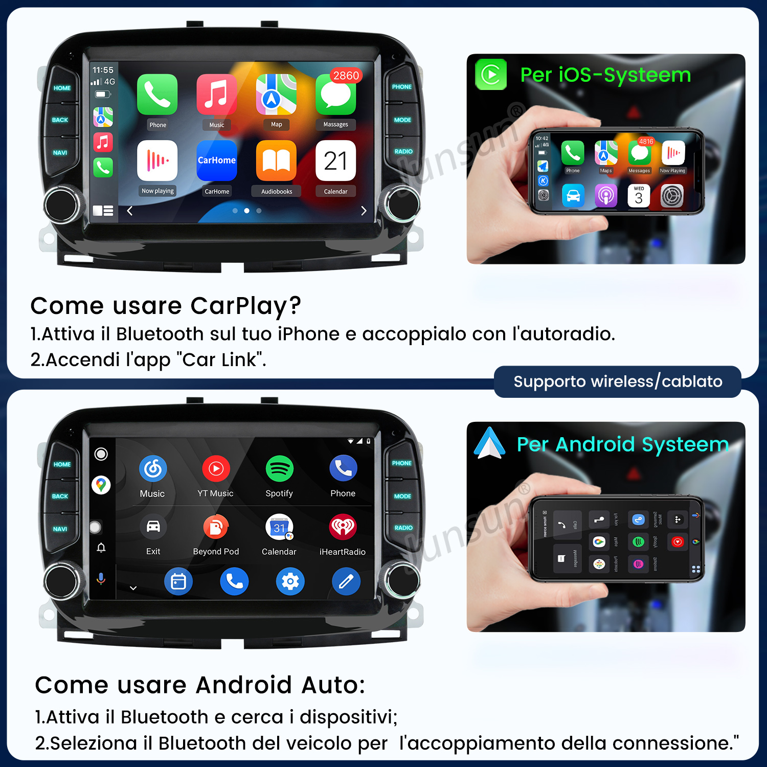 Un sistema di infotainment per auto mostra interfacce CarPlay e Android Auto, telefoni, app musicali e istruzioni per la configurazione.