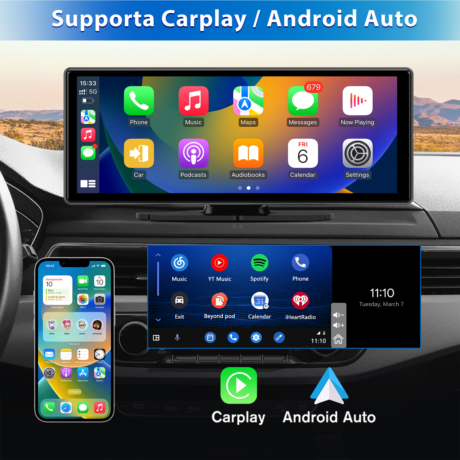Display dell'auto che mostra icone di app, uno schermo del telefono con app e loghi CarPlay e Android Auto.