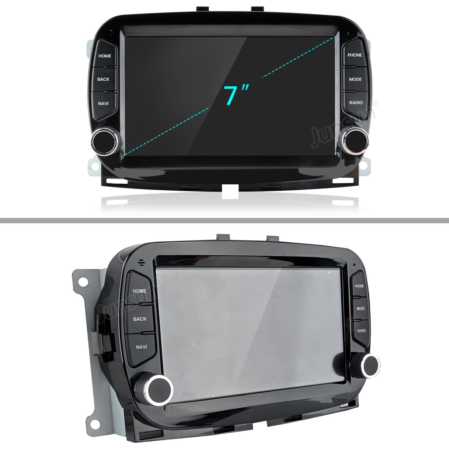 Un sistema di infotainment per auto nero con schermo da 7". Ha pulsanti per home, indietro, navigazione, telefono, modalità e radio, e due manopole.
