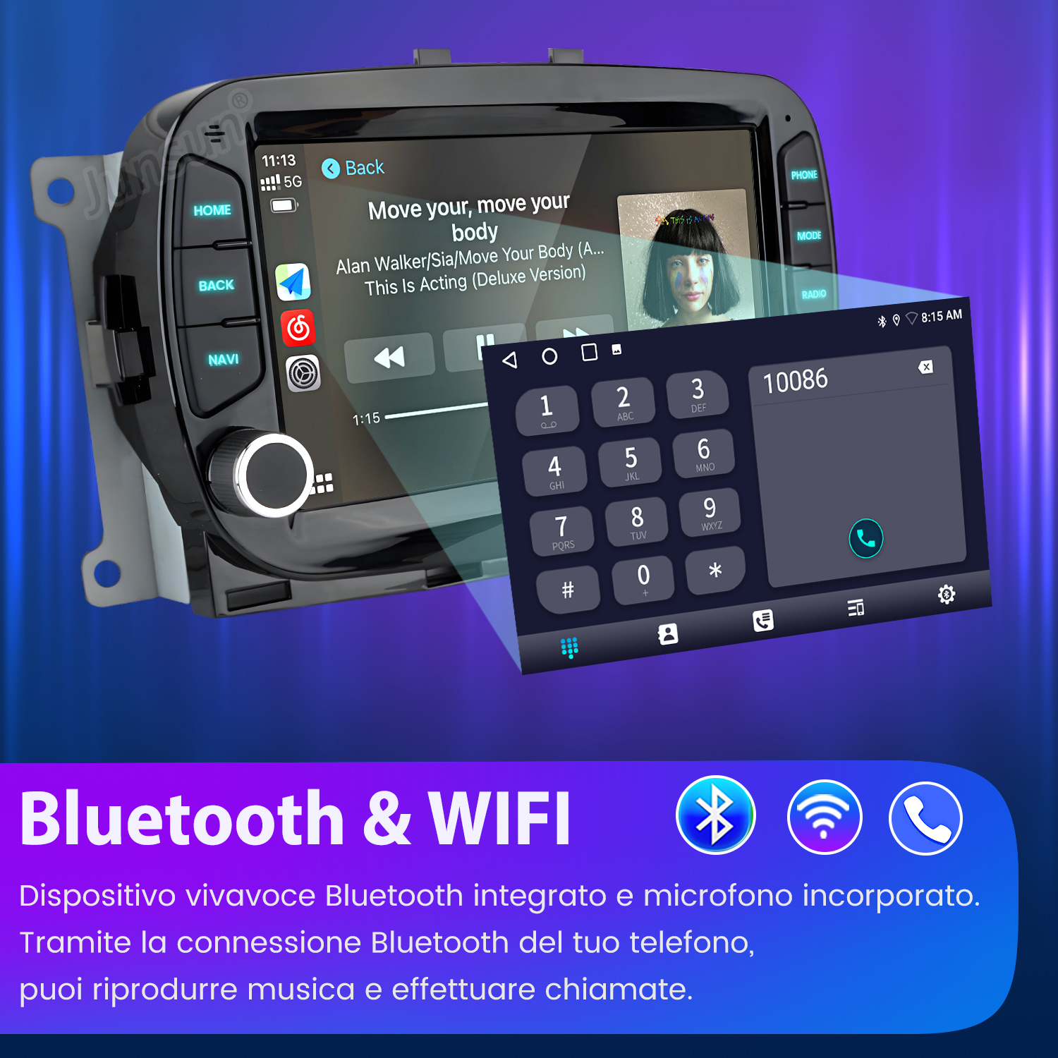 Un autoradio visualizza un dialer telefonico e controlli musicali. Lo schermo mostra una telefonata in corso.
