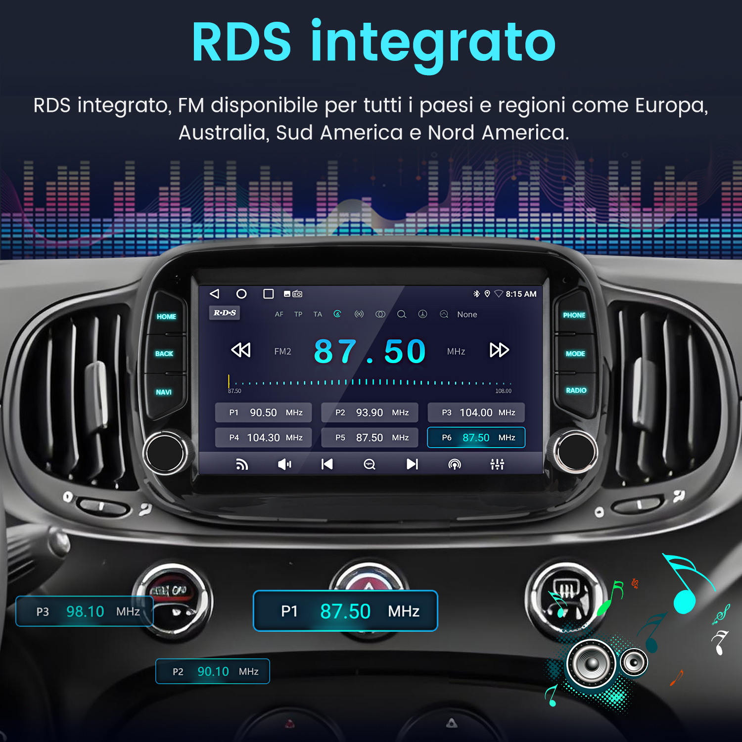 Autoradio con info RDS. Il display mostra la frequenza radio FM 87,50 MHz. Tasti navigazione e modalità visibili. Cruscotto nero.