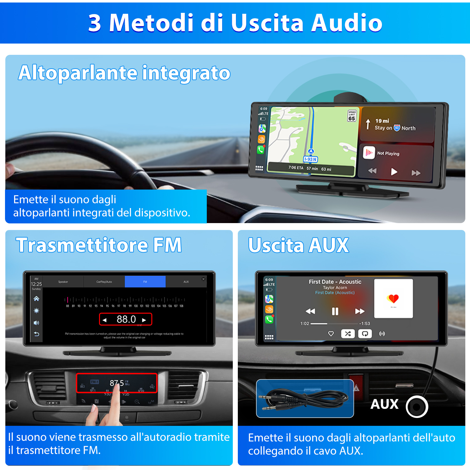 L'immagine mostra tre metodi di uscita audio: altoparlante integrato, trasmettitore FM e uscita AUX, ciascuno con descrizioni e ausili visivi.