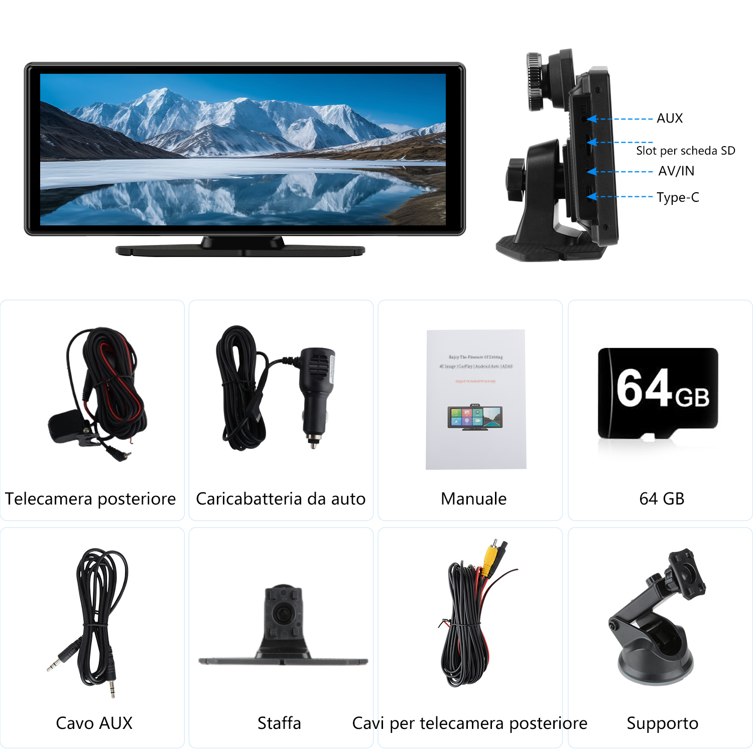 Un kit telecamera per cruscotto auto. Include schermo, hardware di montaggio, cavi, manuale e scheda SD da 64 GB.