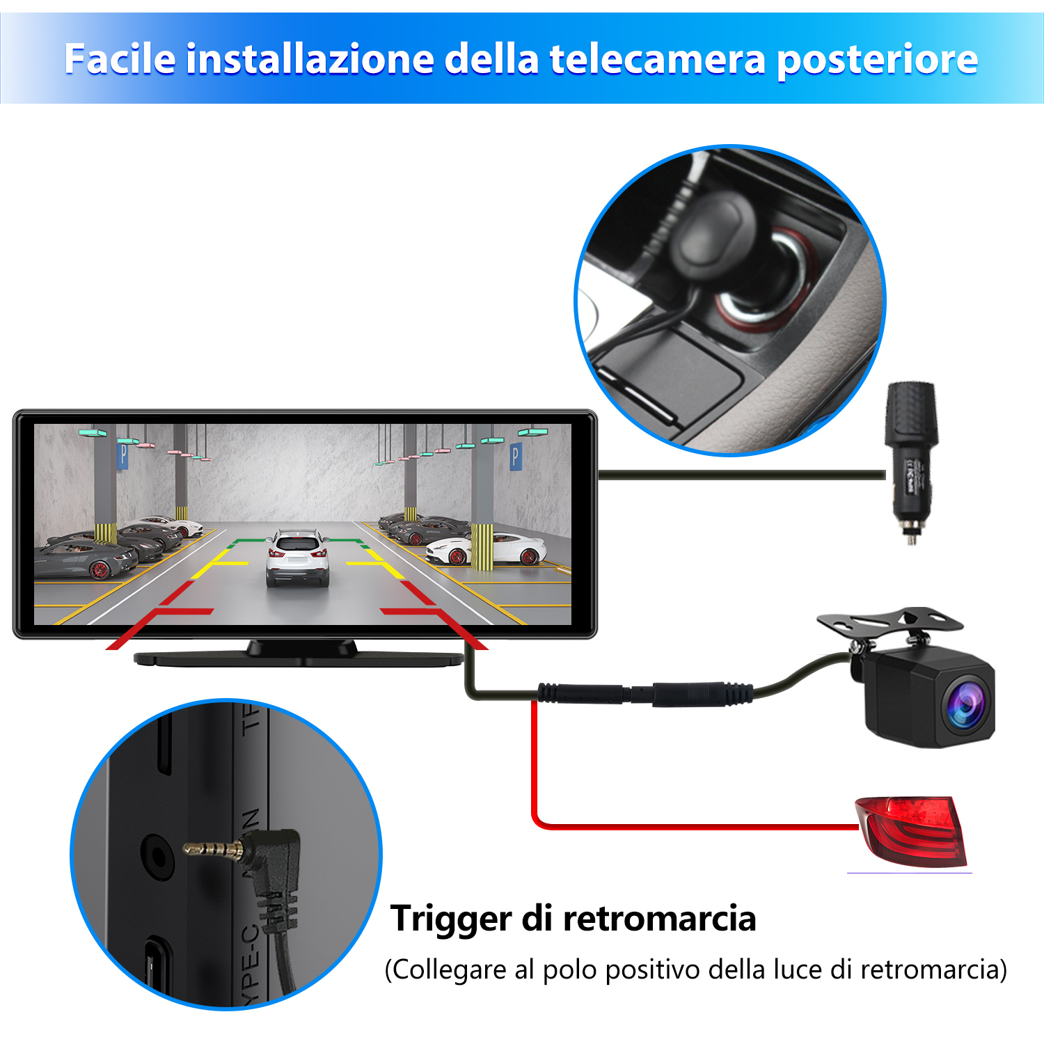 Schema di installazione della telecamera per auto. Include telecamera, display e collegamento alle luci dell'auto. Testo in italiano.