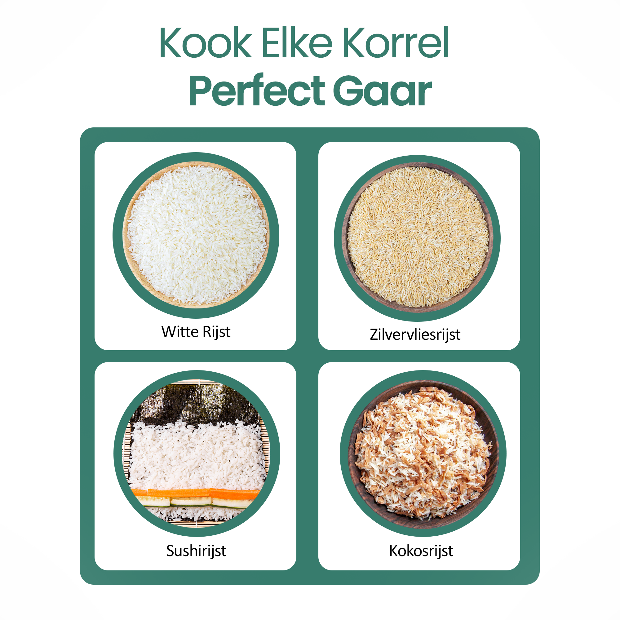 Afbeelding toont vier soorten rijst: wit, zilver, sushi en kokos. Elk in een houten kom of op een sushimat, met labels eronder.