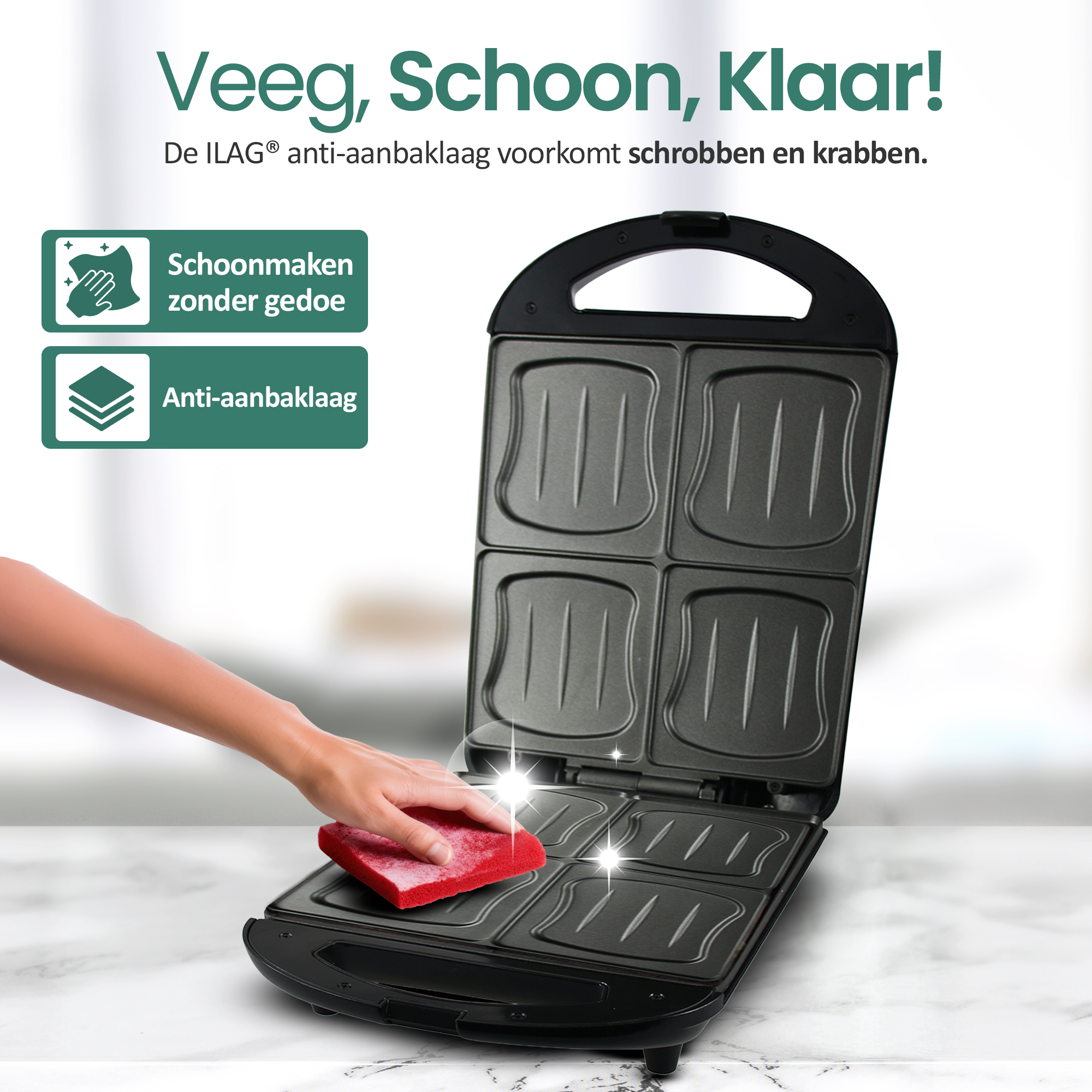 A black waffle maker is being cleaned with a red sponge. Text says 'Clean, Clean, Ready!'
