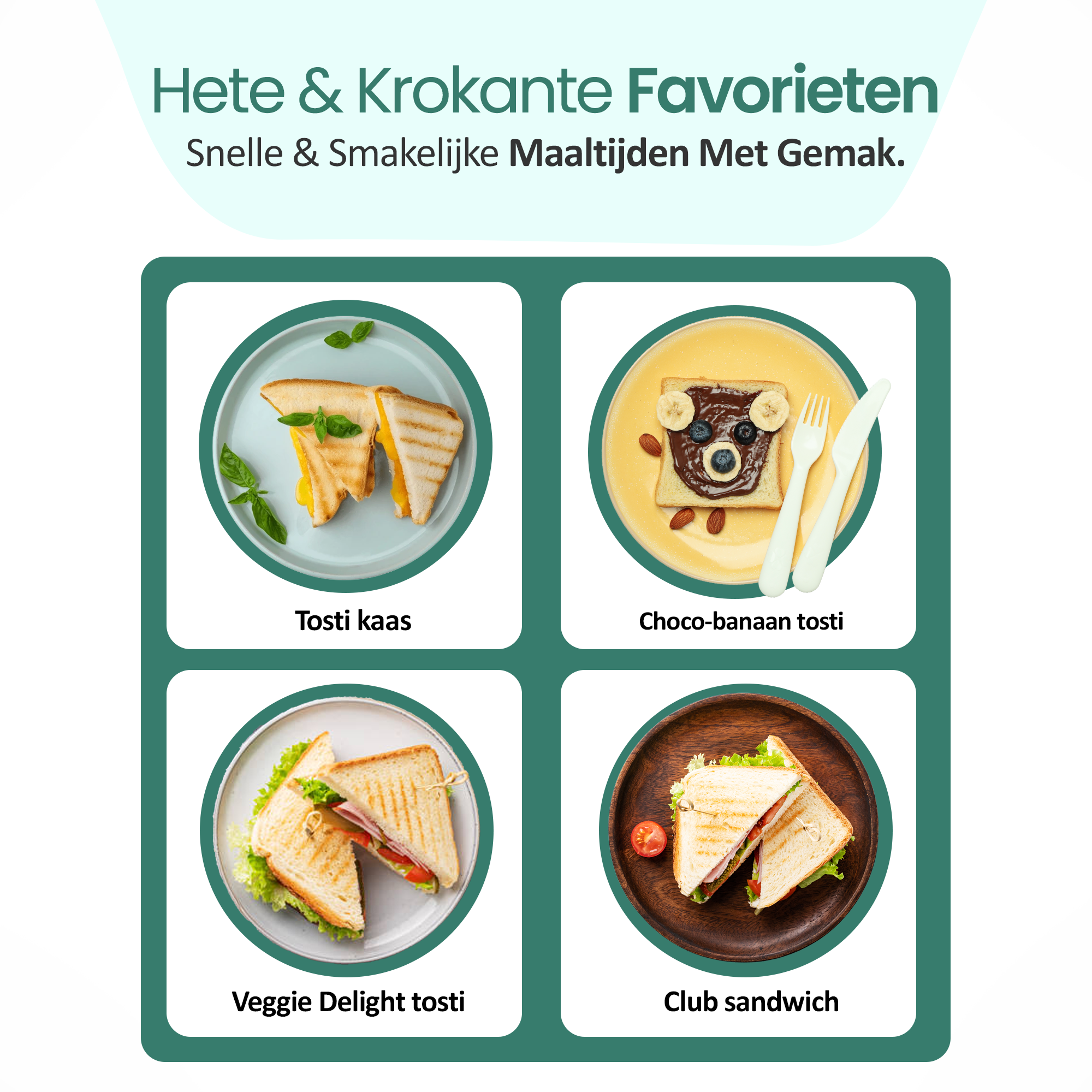 Image shows four sandwiches: cheese, chocolate banana, veggie delight, and club sandwich. Each on a plate.