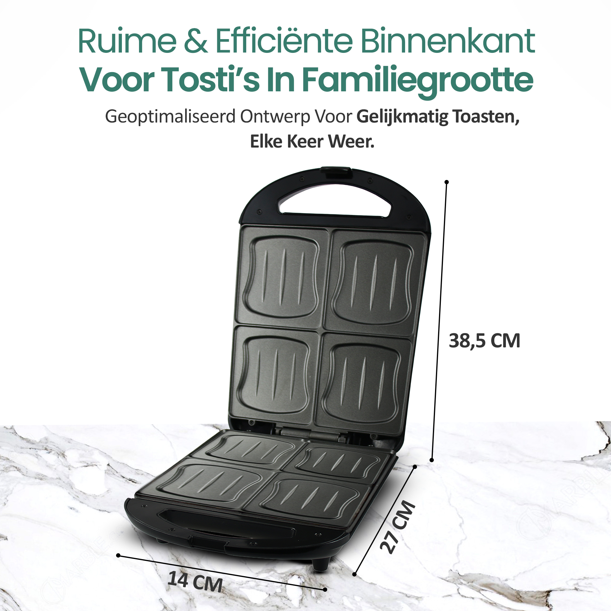 A black sandwich maker is open, displaying four square compartments. Dimensions are labeled. Background is a marble pattern.