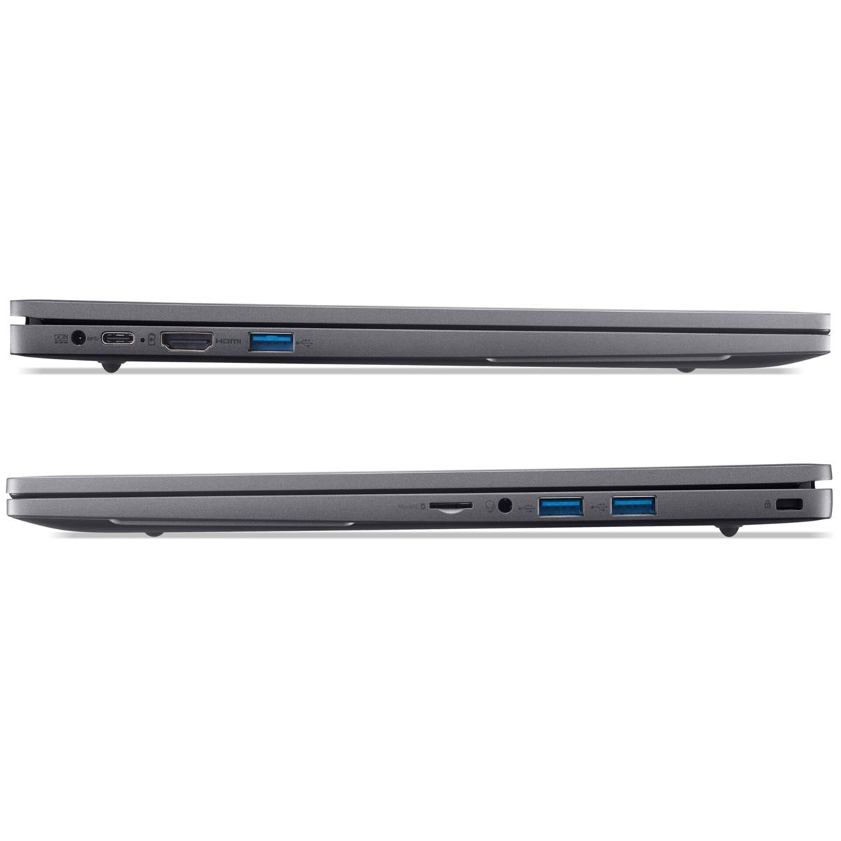 Zwei graue Laptops in Seitenansicht. Oben: DC-Eingang, USB-C, HDMI, USB. Unten: MicroSD, Audio, USB-Anschlüsse und Ein-/Aus-Taste.