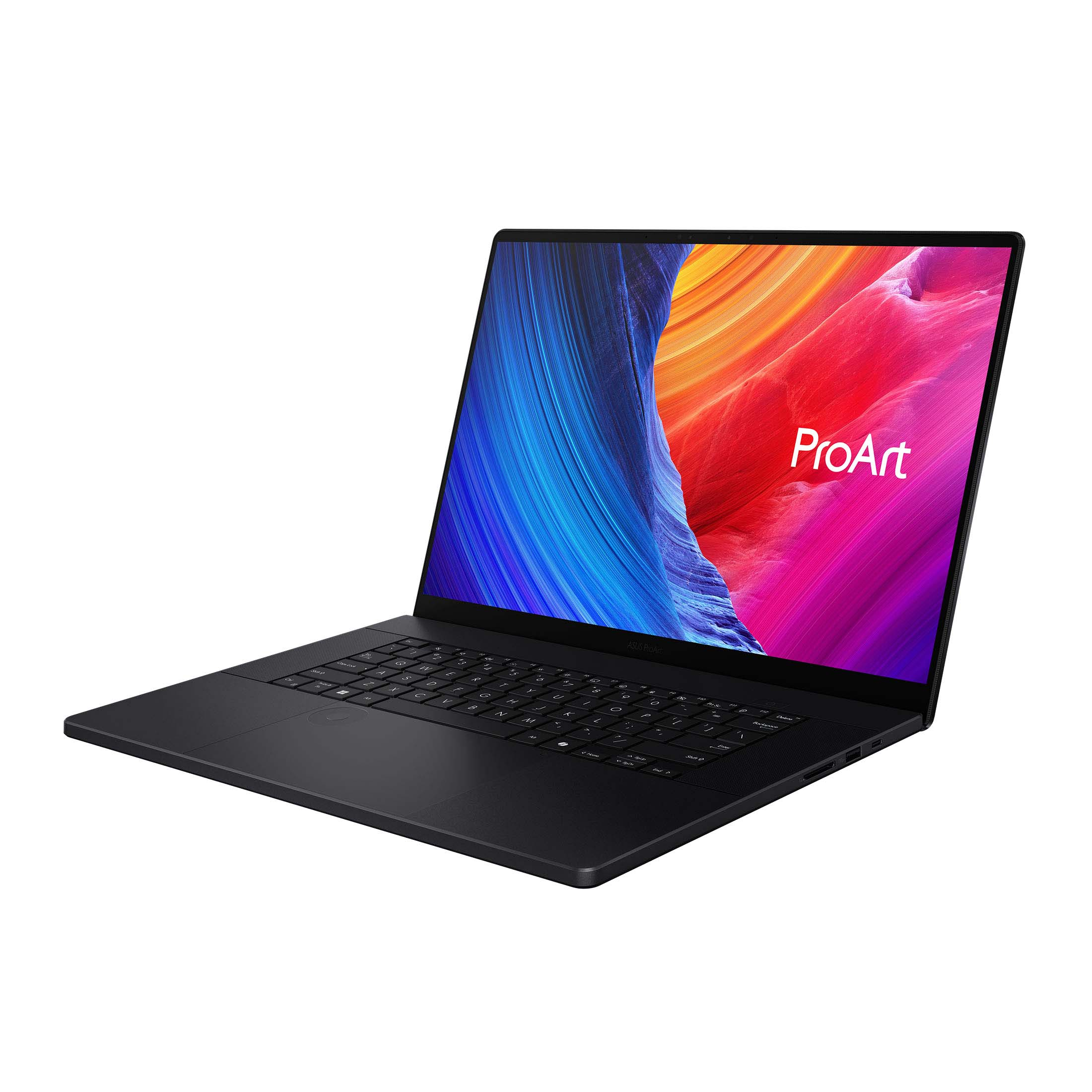 Schwarzer Laptop mit farbenfrohem Bildschirm mit ProArt. Die Tastatur ist sichtbar. Der Hintergrund ist weiß.