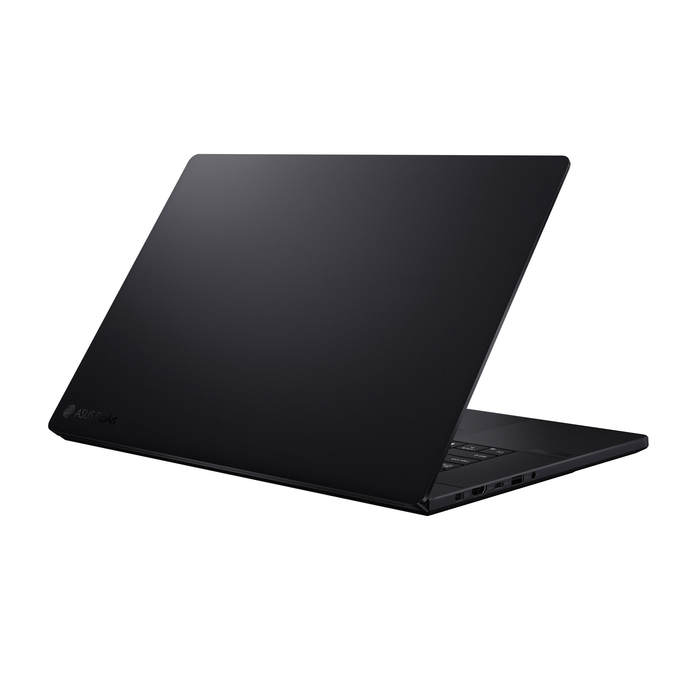 Ein schwarzer Laptop ist geöffnet. Der Bildschirm ist angewinkelt. Das Asus-Logo ist sichtbar. Weißer Hintergrund.