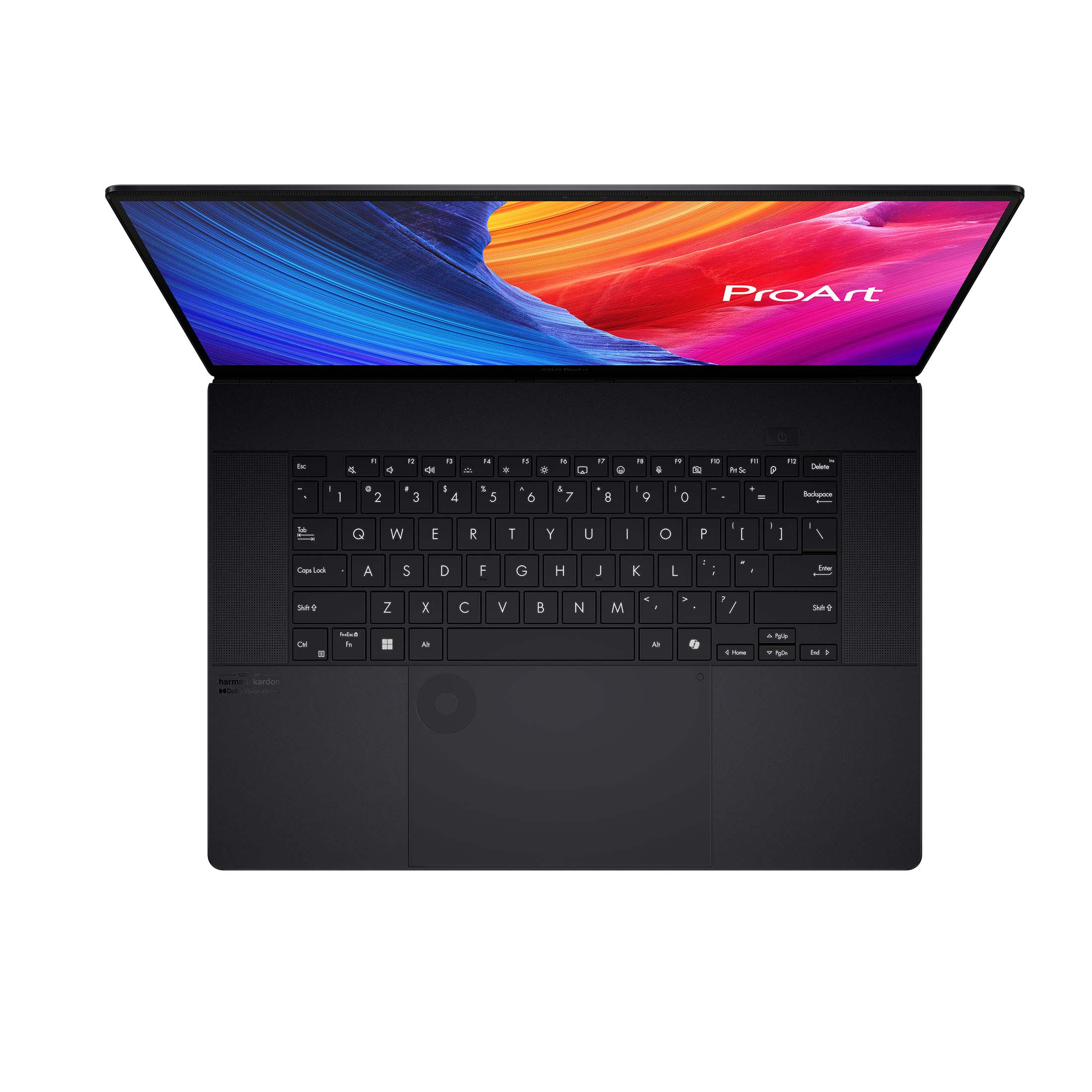 Schwarzer Laptop mit geöffnetem Bildschirm, der ein buntes abstraktes Design zeigt. Die Tastatur ist sichtbar, und der Laptop steht auf einer weißen Oberfläche.
