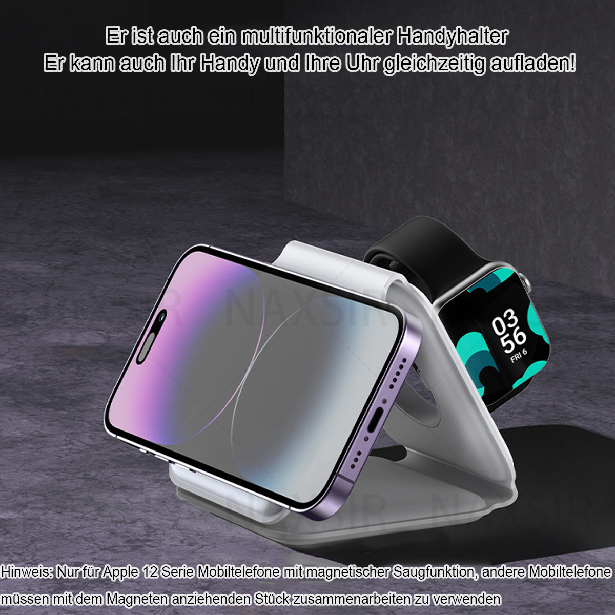 Ein Telefon und eine Smartwatch stehen auf einer Ladestation. Das Telefon ist lila und die Uhr zeigt die Uhrzeit. Die Station ist weiß.