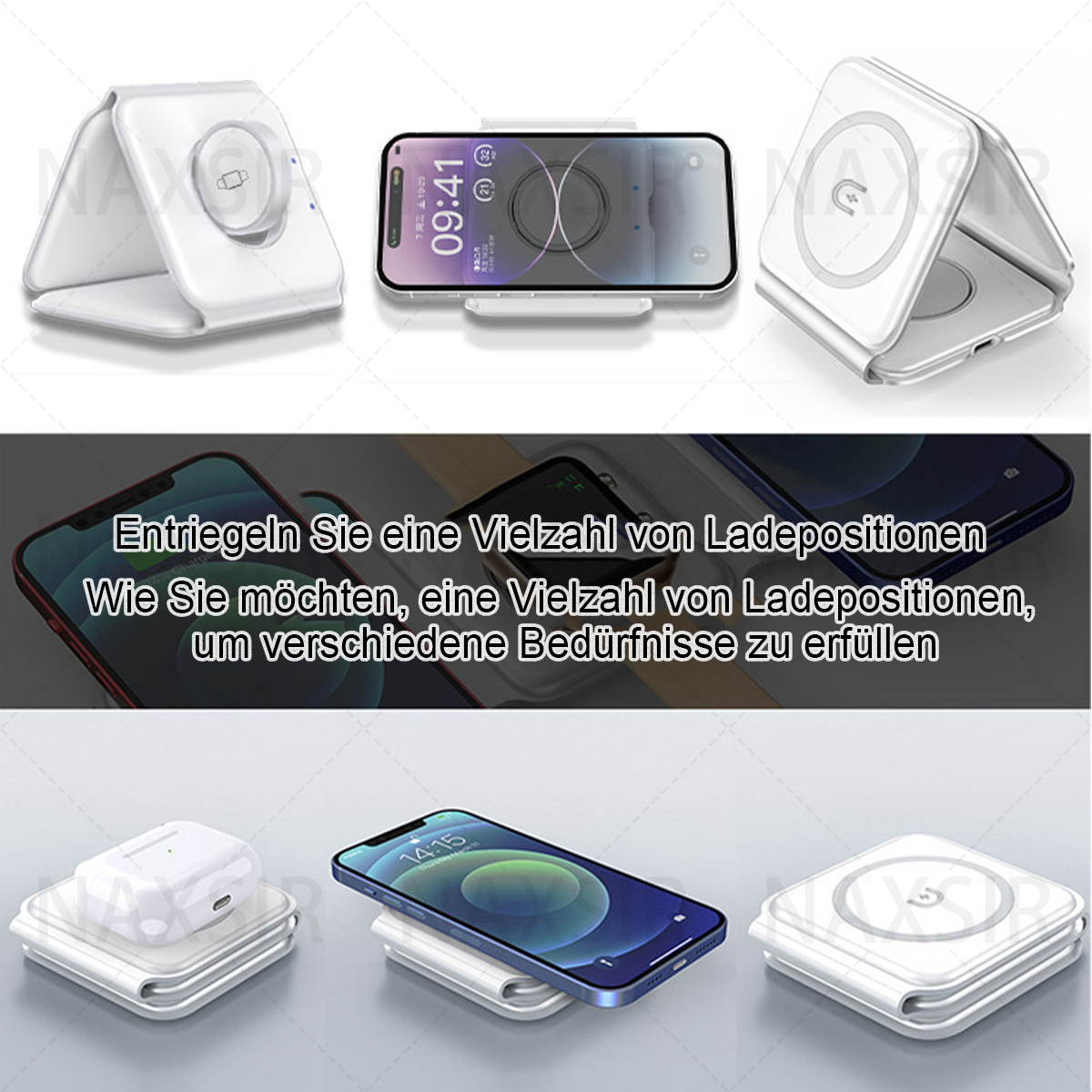 Weiße kabellose Ladegeräte mit Handys und Ohrhörern. Ein Handy zeigt 09:41 an. Text auf Deutsch ist ebenfalls vorhanden.