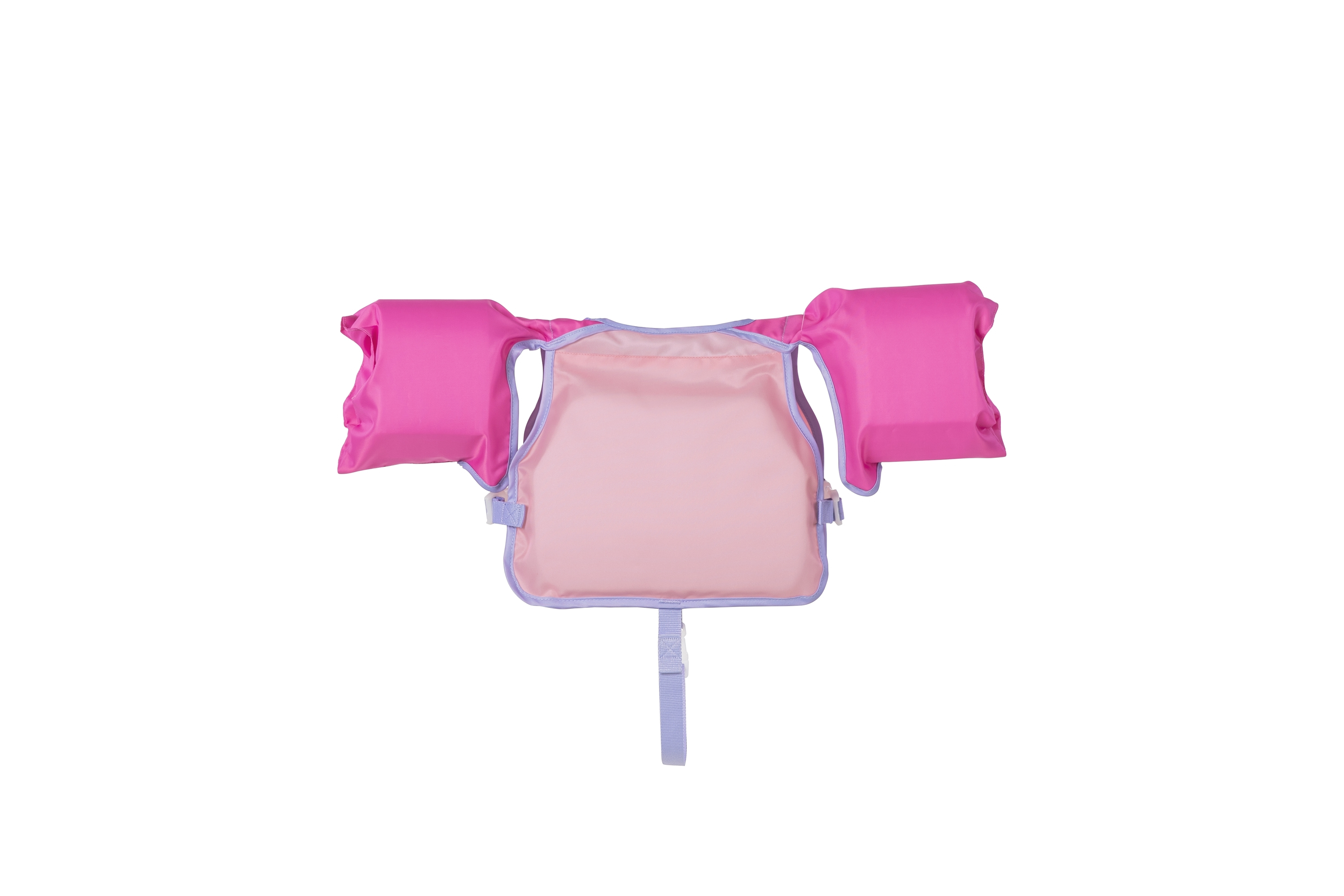 Różowa i jasnoliliowa nadmuchiwana kamizelka do pływania, z pływakami na ramiona, na białym tle.