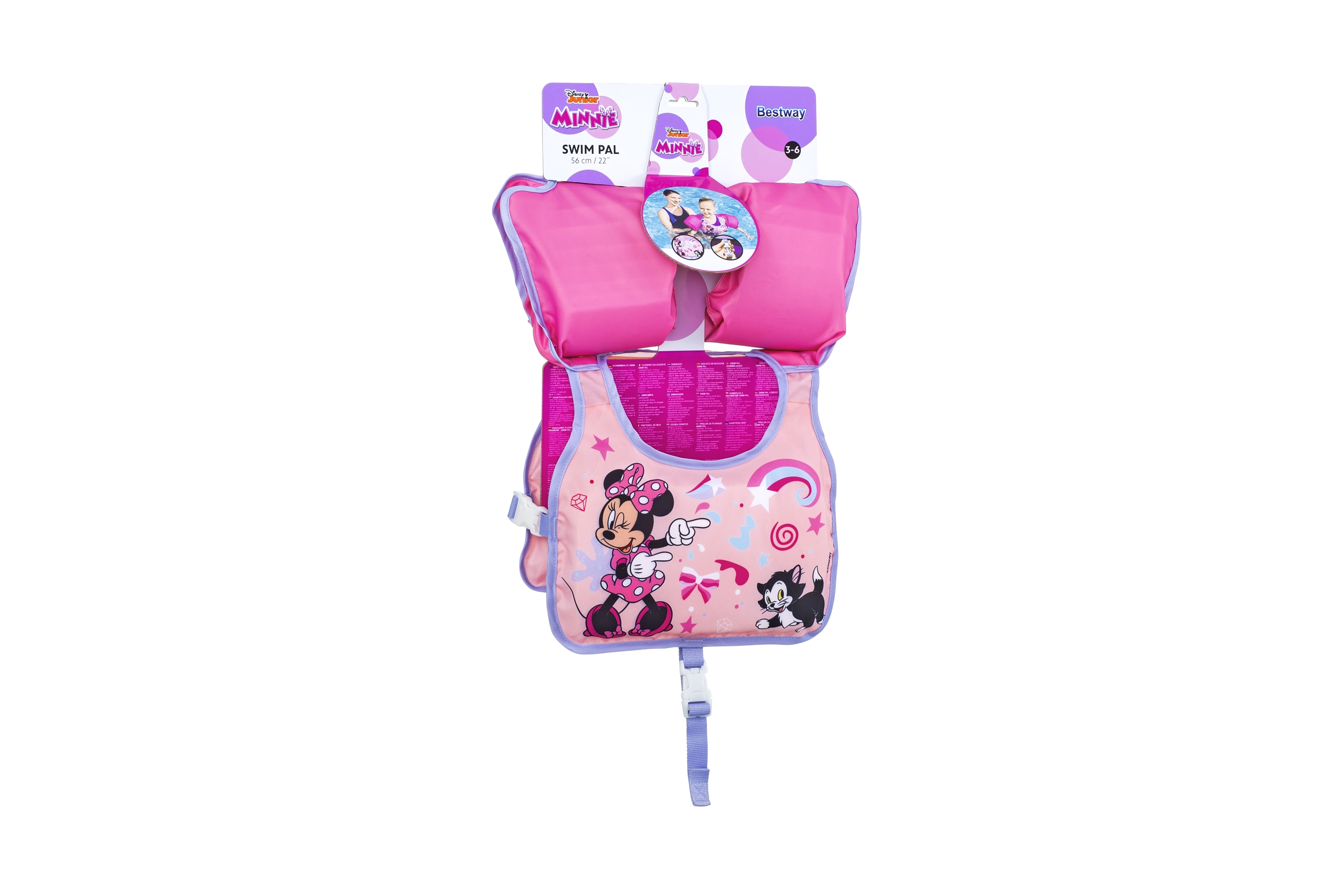 Różowa kamizelka do pływania Minnie Mouse. Zawiera Minnie, kota i tęcze. Zawiera różowe rękawki i pasek zapinający.