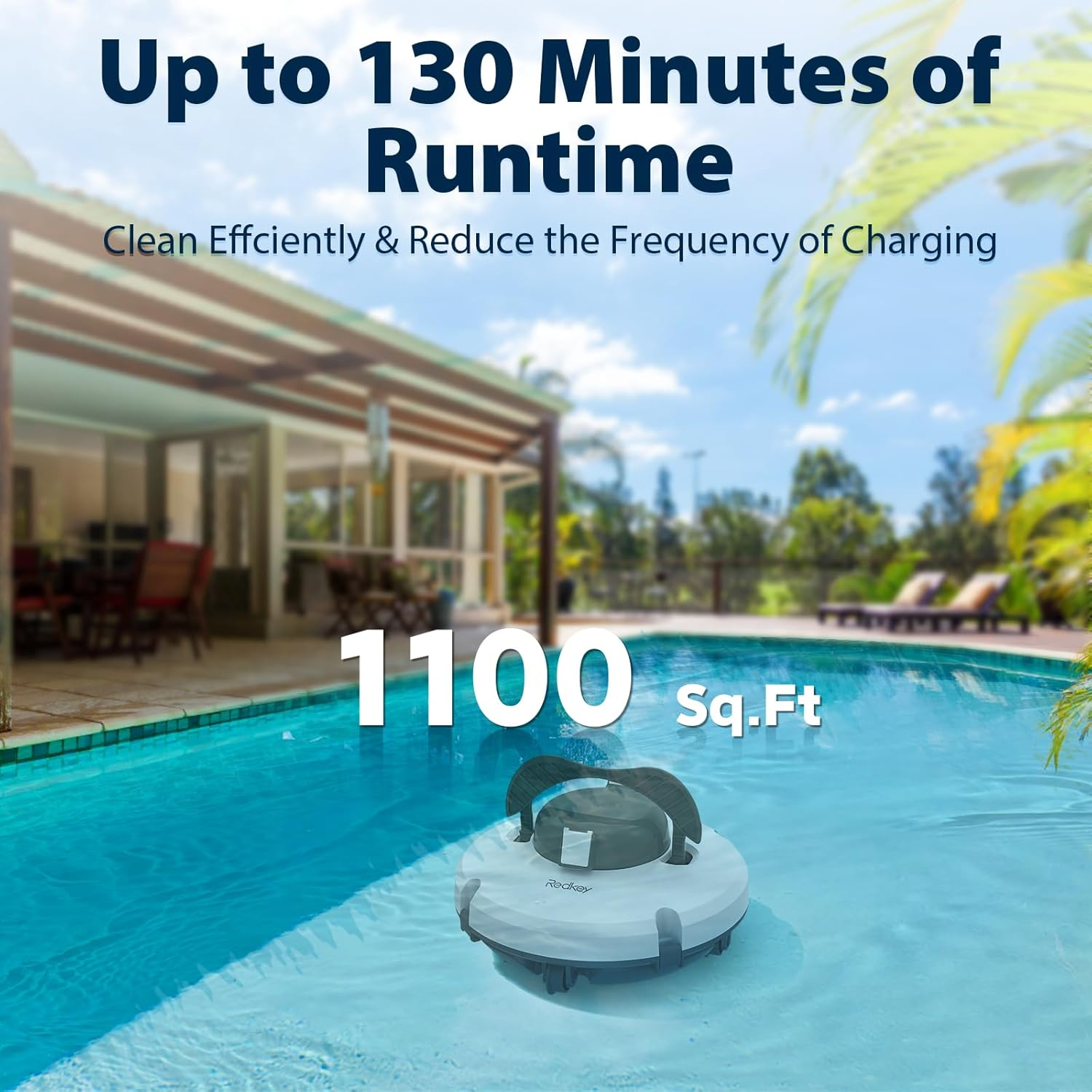 A pool cleaner floats in a pool. Text says 'Up to 130 Minutes of Runtime' and '1100 Sq.Ft'.