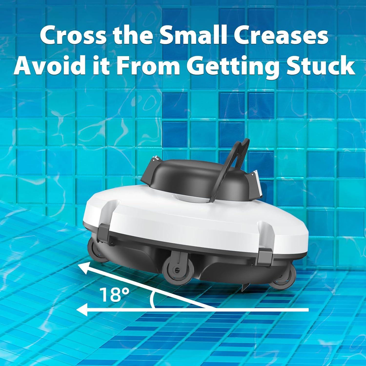 White and black robotic pool cleaner in a pool. Text reads 'Cross the Small Creases Avoid it From Getting Stuck'. Angle is 18 degrees.