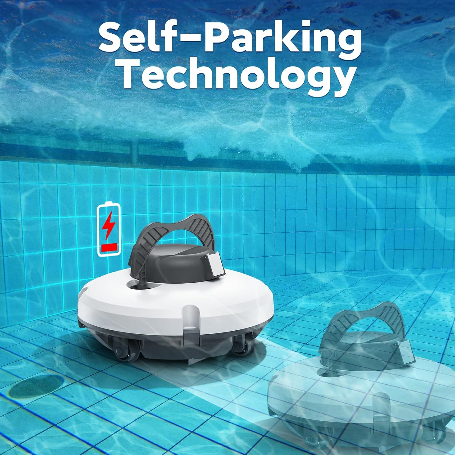 A white and grey pool cleaner underwater. It has a handle and wheels. The text 'Self-Parking Technology' is at the top.
