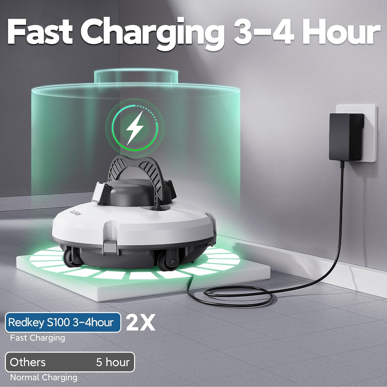 A white and black robot vacuum cleaner is charging. The image shows a charging symbol and a plug. Fast charging in 3-4 hours.