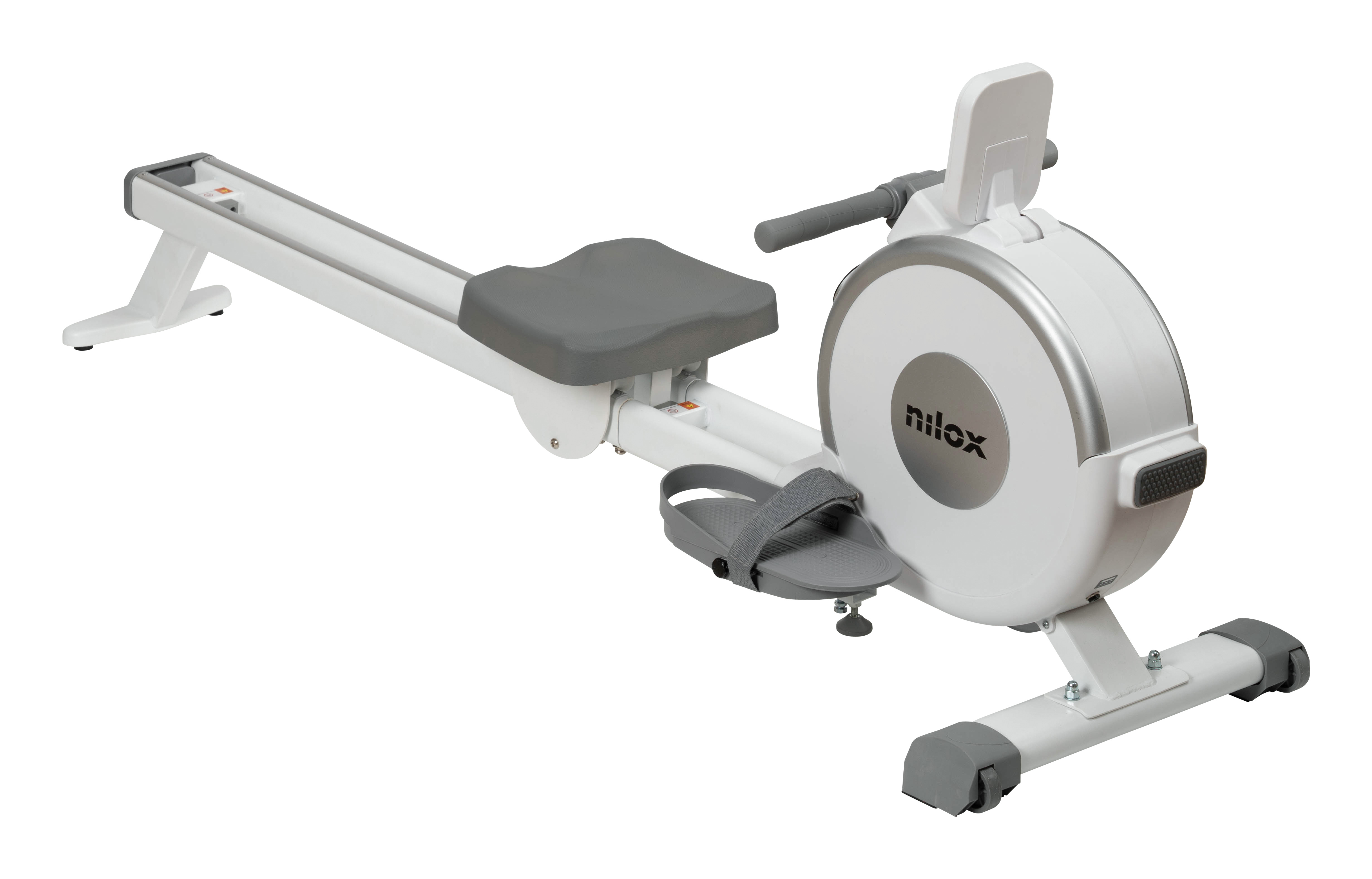 Une rameur blanc et gris est présenté. Il possède un siège, des repose-pieds et un volant d'inertie circulaire avec le logo 'nilox'.