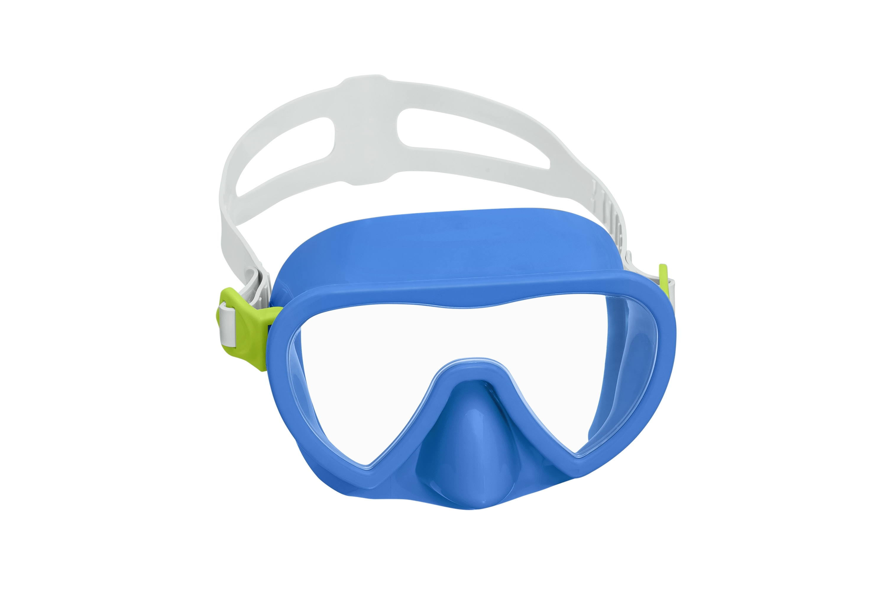 Una maschera subacquea blu e bianca con lenti trasparenti. Ha un cinturino bianco e dettagli verdi sui lati.