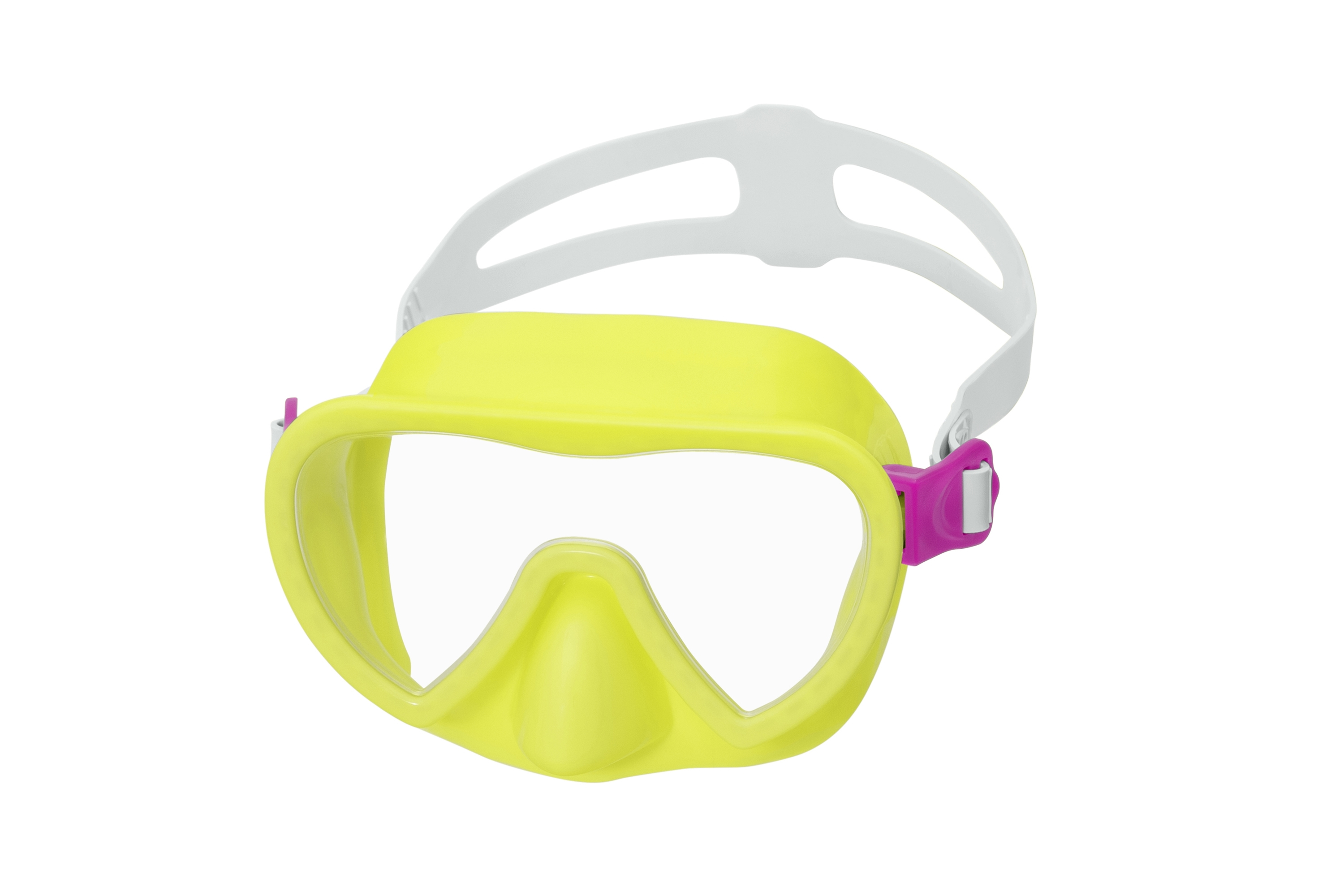 Una maschera subacquea gialla e trasparente con cinturino bianco e connettore rosa. Isolato su sfondo bianco.
