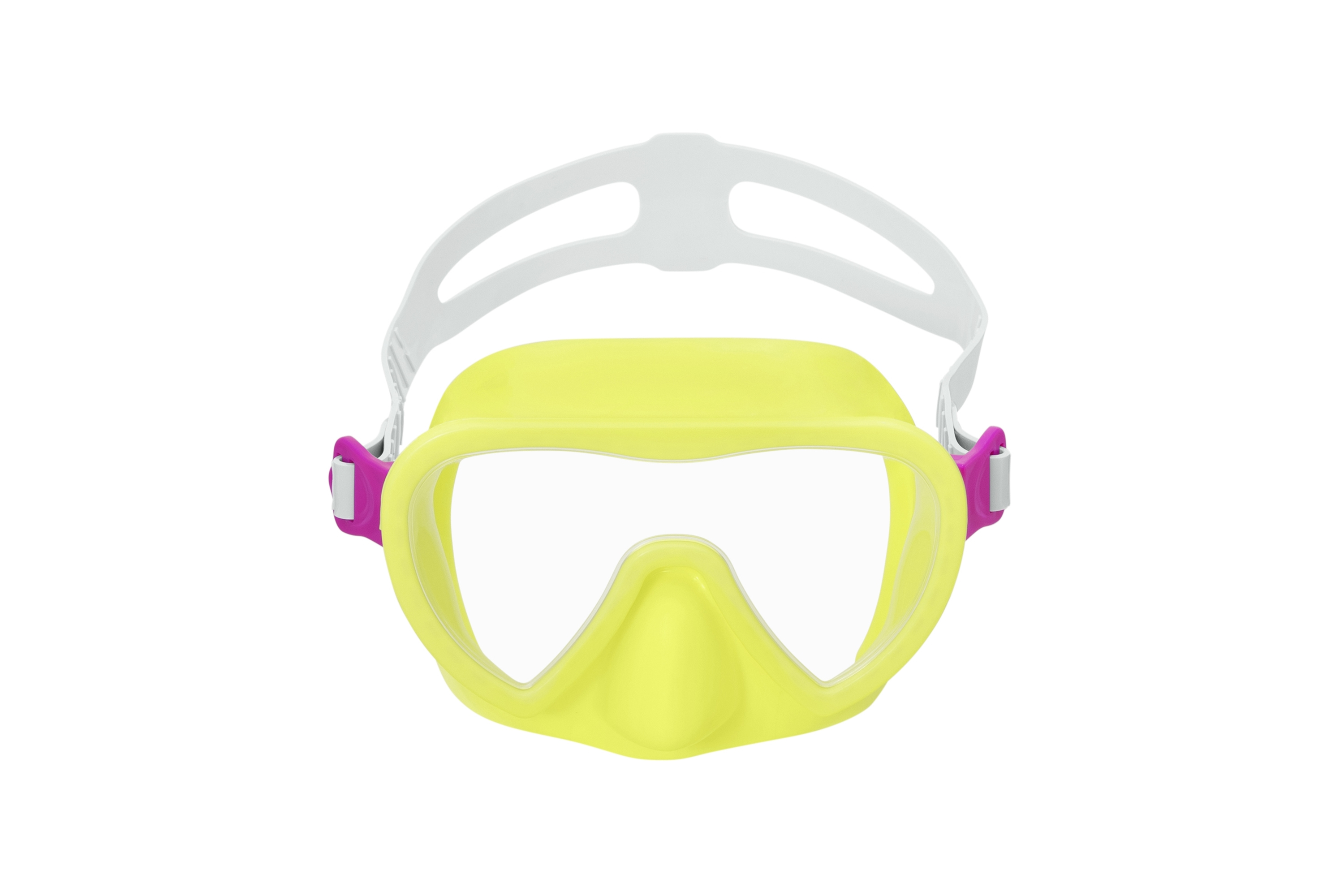 Una maschera subacquea gialla e bianca con cinturino bianco e dettagli rosa, su sfondo bianco.