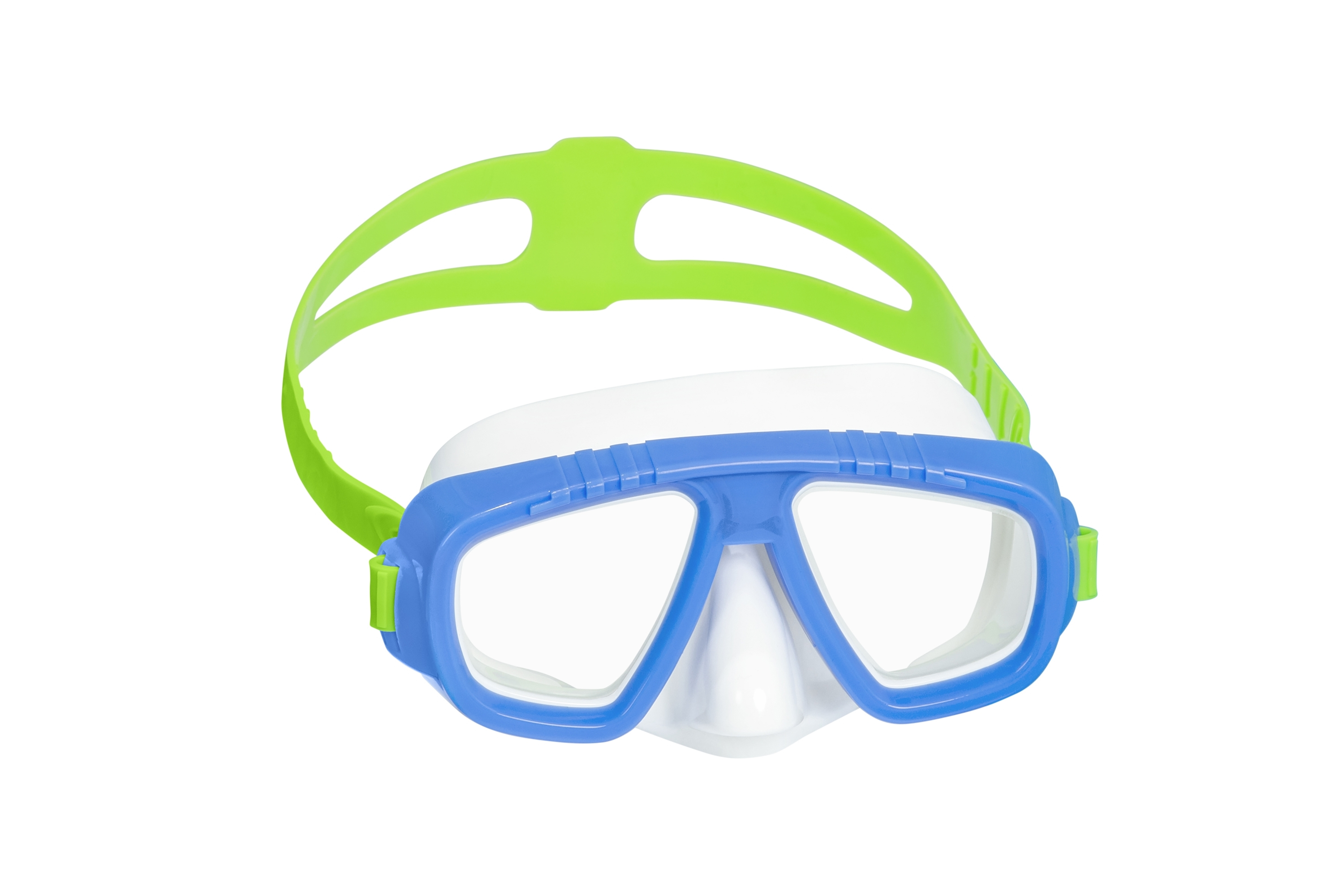Una maschera subacquea blu e bianca con cinturino verde, su sfondo bianco.