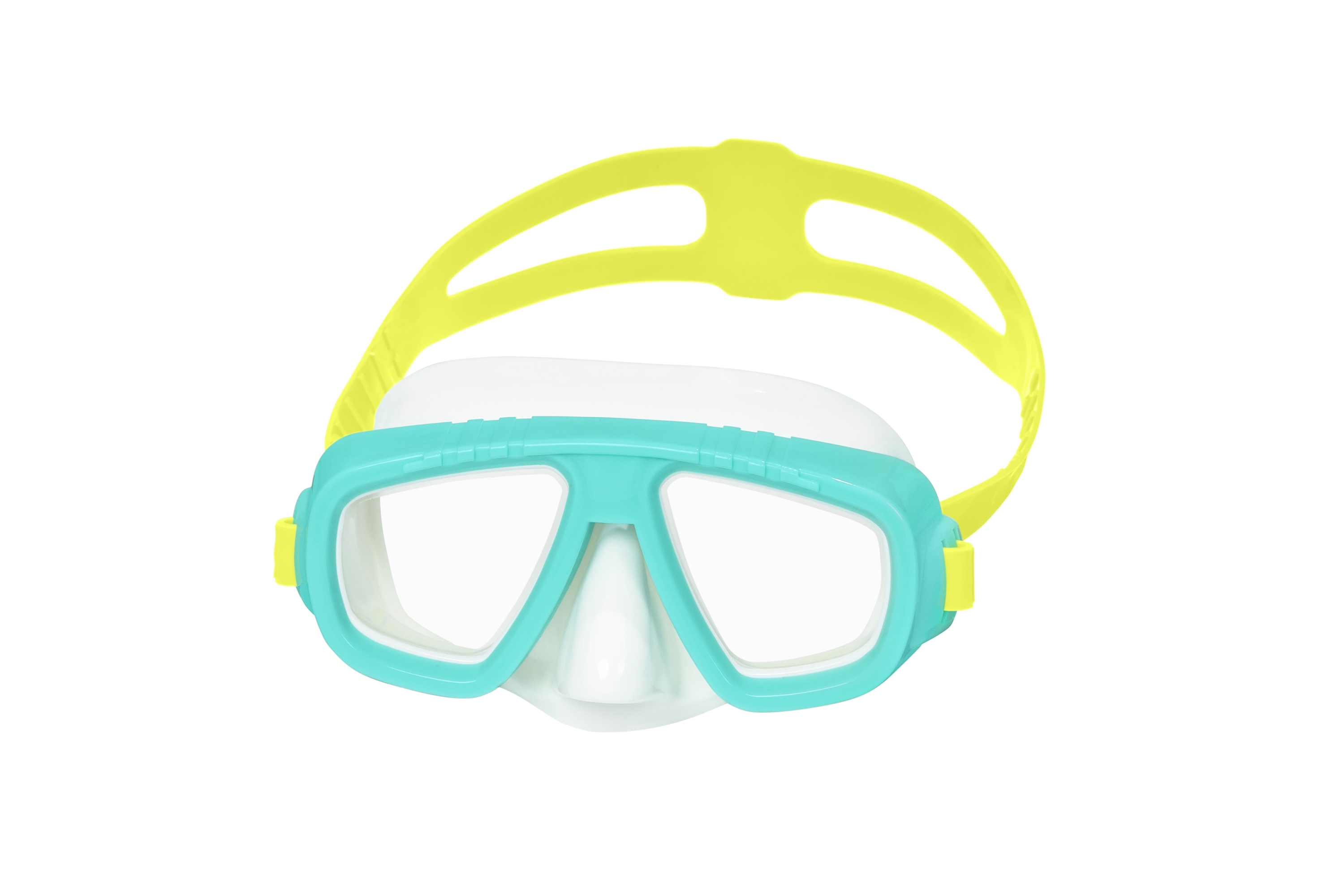 Una maschera subacquea turchese e bianca con cinturino giallo su sfondo bianco. La maschera è centrata.