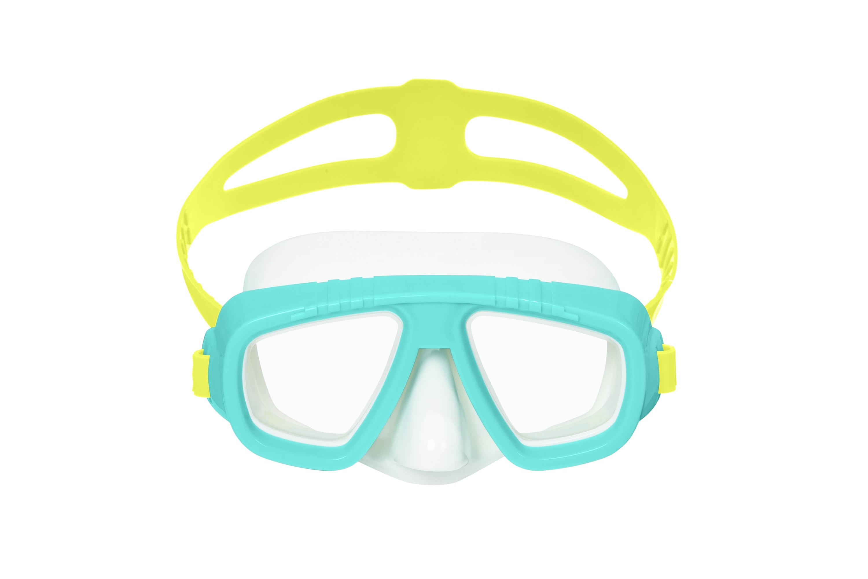 Una maschera subacquea turchese e bianca con cinturino giallo, su sfondo bianco.