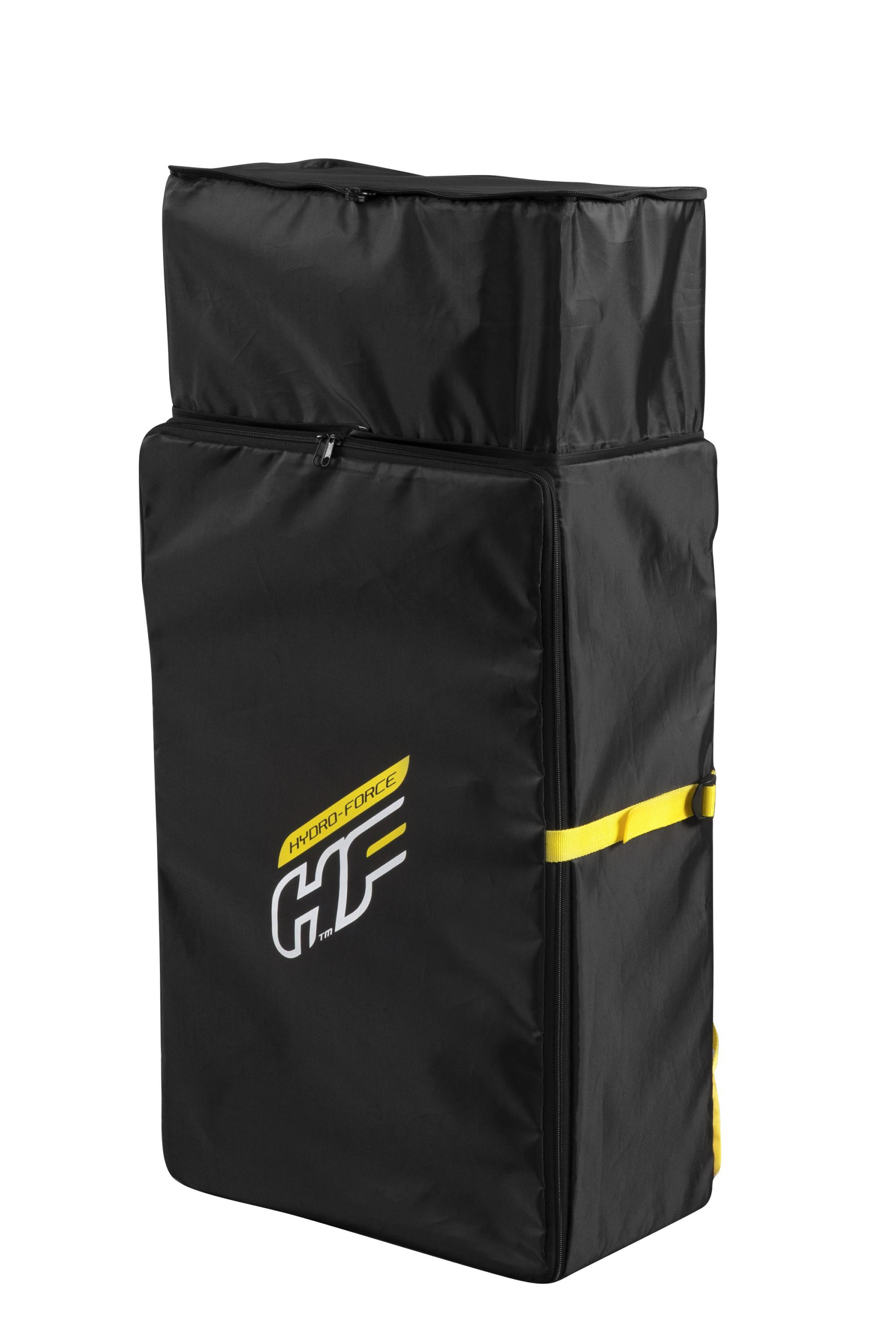 Czarna prostokątna torba z żółtym paskiem i logo Hydro-Force. Ma dwie przegrody zapinane na zamek i białe tło.
