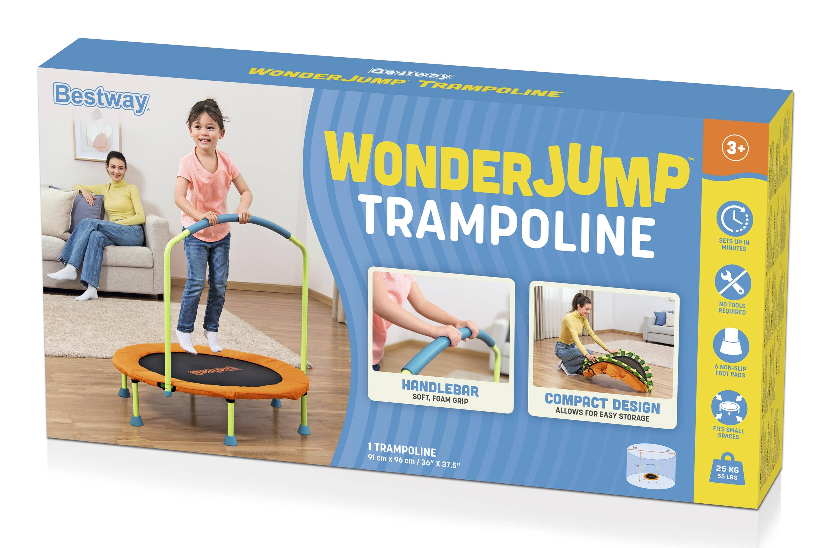 Pudełko ze zdjęciem trampoliny. Dziewczyna na nim skacze. Pudełko pokazuje cechy i kobietę z dzieckiem.