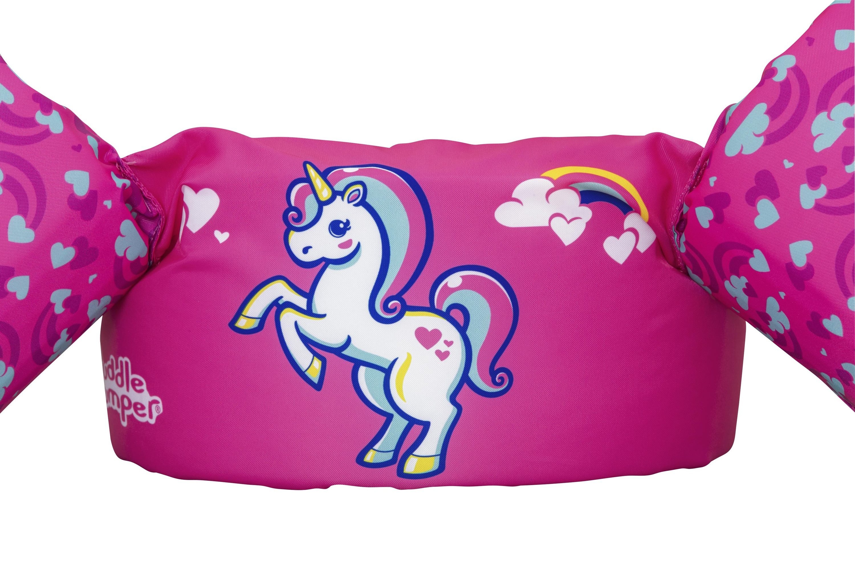 Gilet da nuoto rosa con illustrazione di unicorno, nuvole e arcobaleno. Il gilet ha anche motivi a cuore e le parole 'Puddle Jumper'.