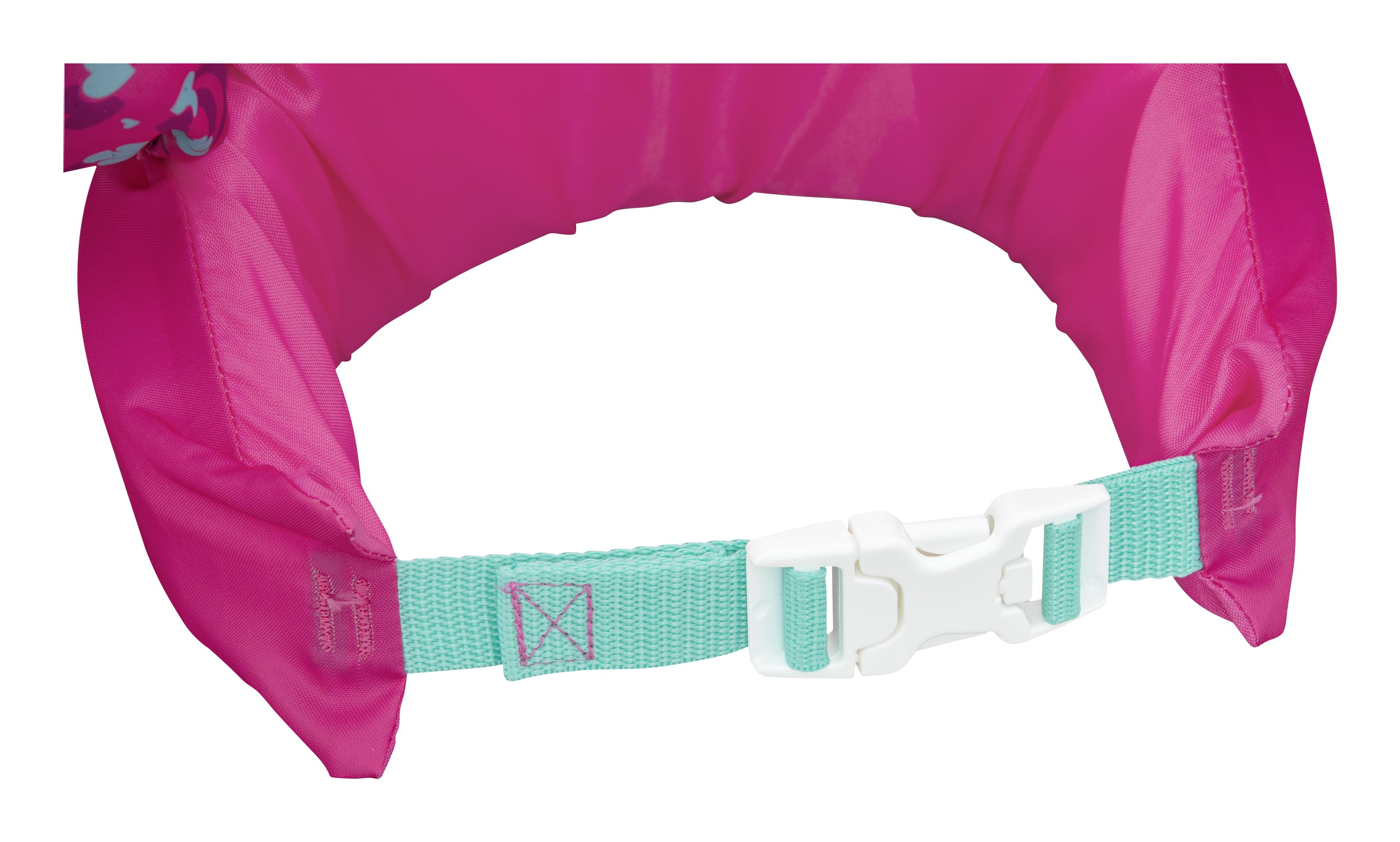 Gilet da nuoto rosa con cinturino turchese e fibbia bianca. La parte superiore ha un motivo floreale. Lo sfondo è bianco.