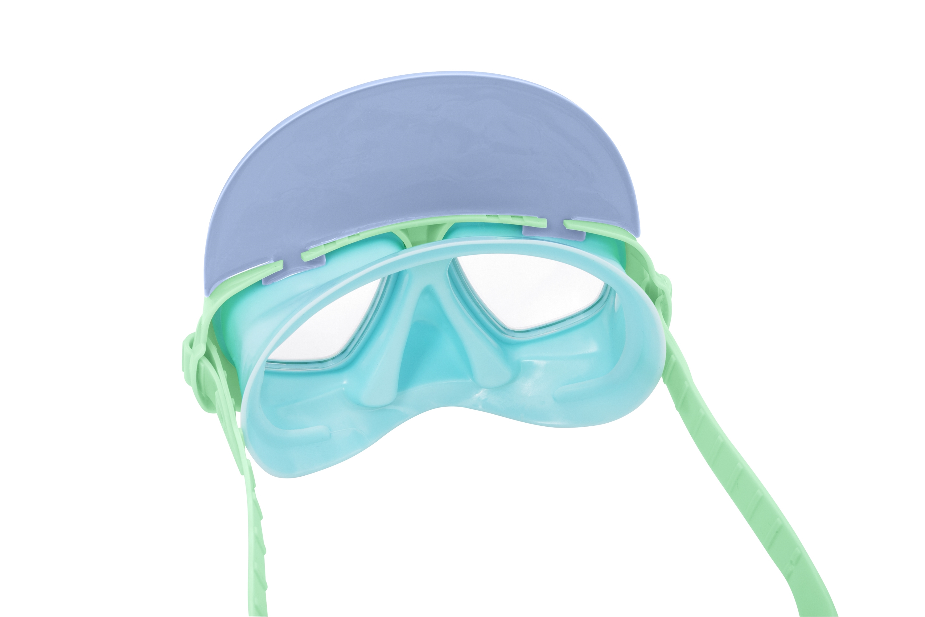 Una maschera subacquea, con visiera blu e cinghie e montatura verde chiaro, su sfondo bianco.