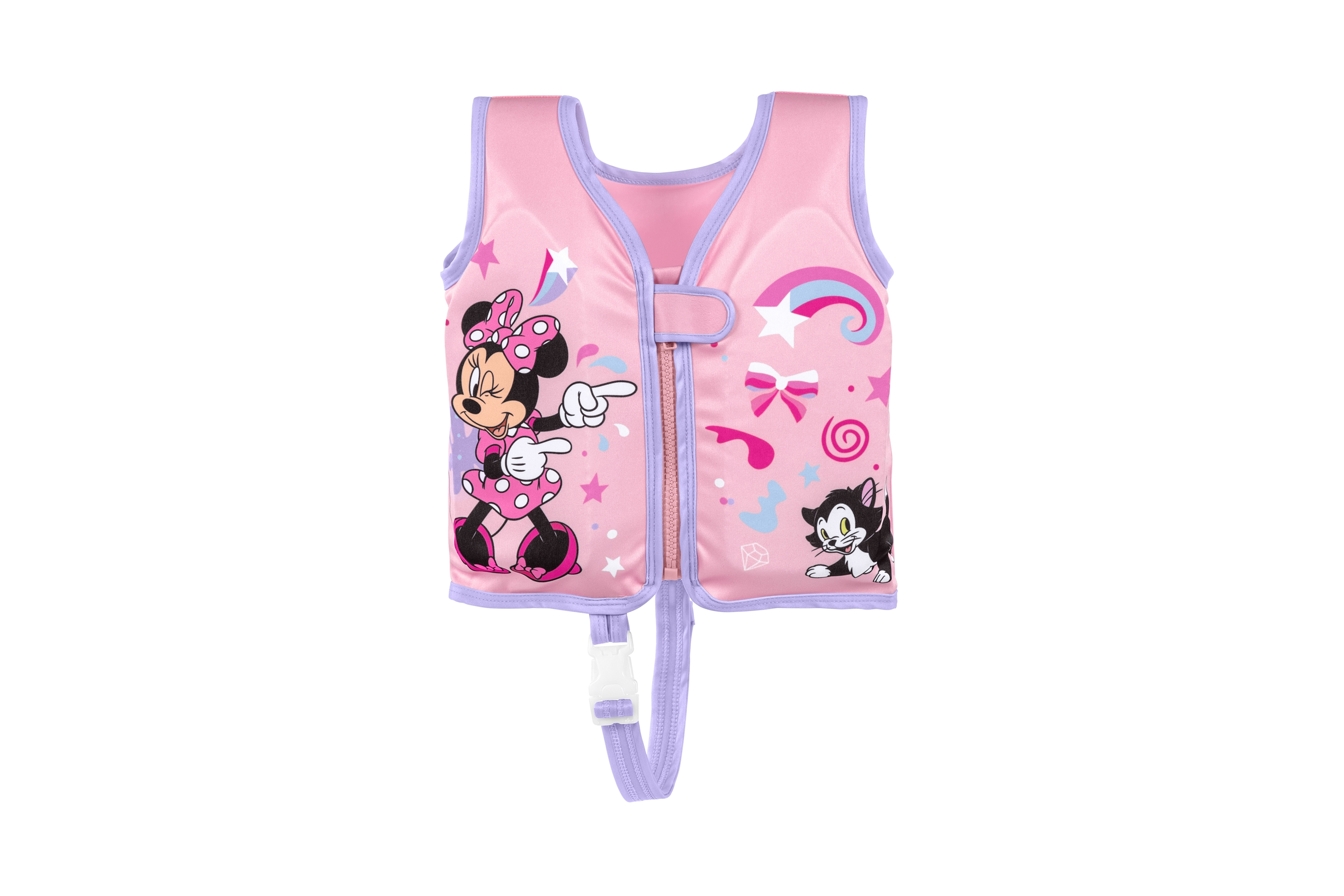 Gilet di salvataggio rosa di Minnie. Decorato con Minnie, stelle e un gatto. Ha una cerniera e una fibbia.