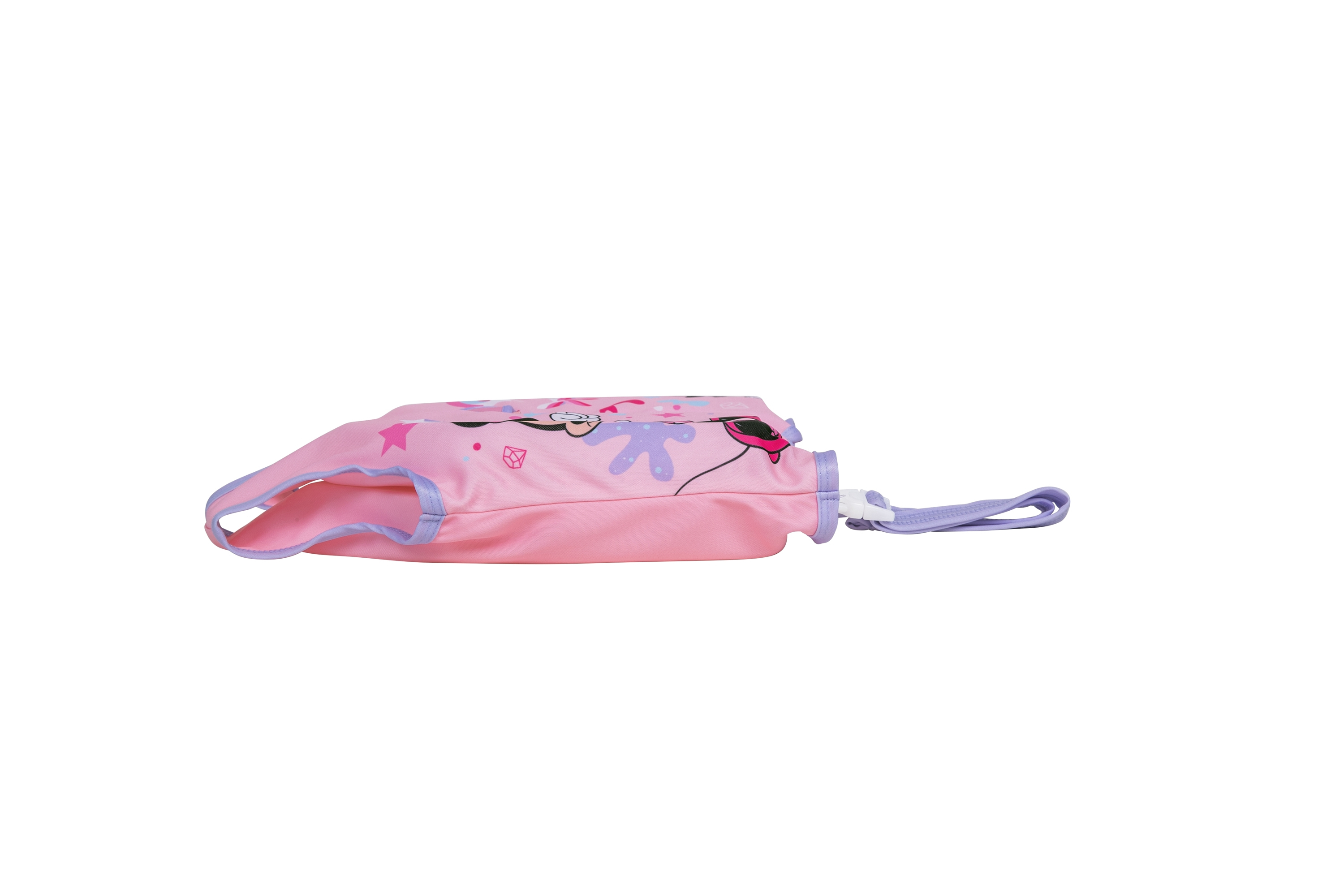 Borsa a coulisse rosa e viola con design di Minnie Mouse, su sfondo bianco.
