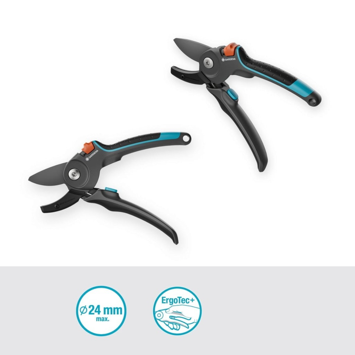 Dwa nożyce ogrodowe z czarnymi ostrzami i uchwytami. Jedne otwarte, drugie zamknięte. Pomarańczowe i turkusowe akcenty. Białe tło.
