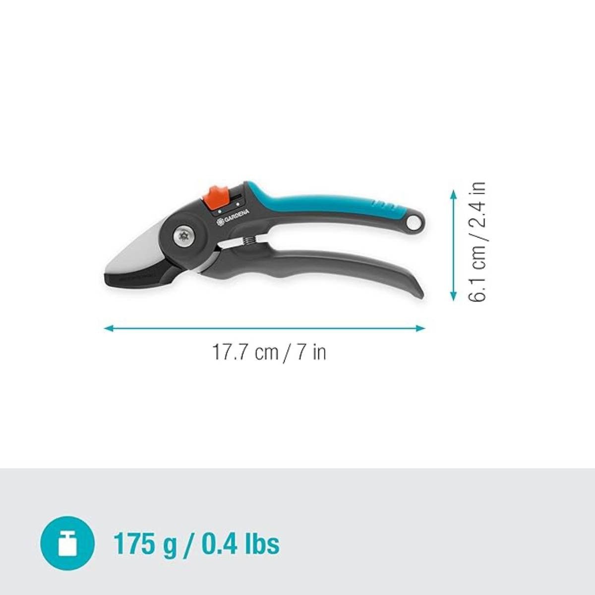 Sekator Gardena z niebiesko-czarnymi uchwytami, wymiary: 17,7 cm długości, 6,1 cm szerokości. Waga: 175 g.