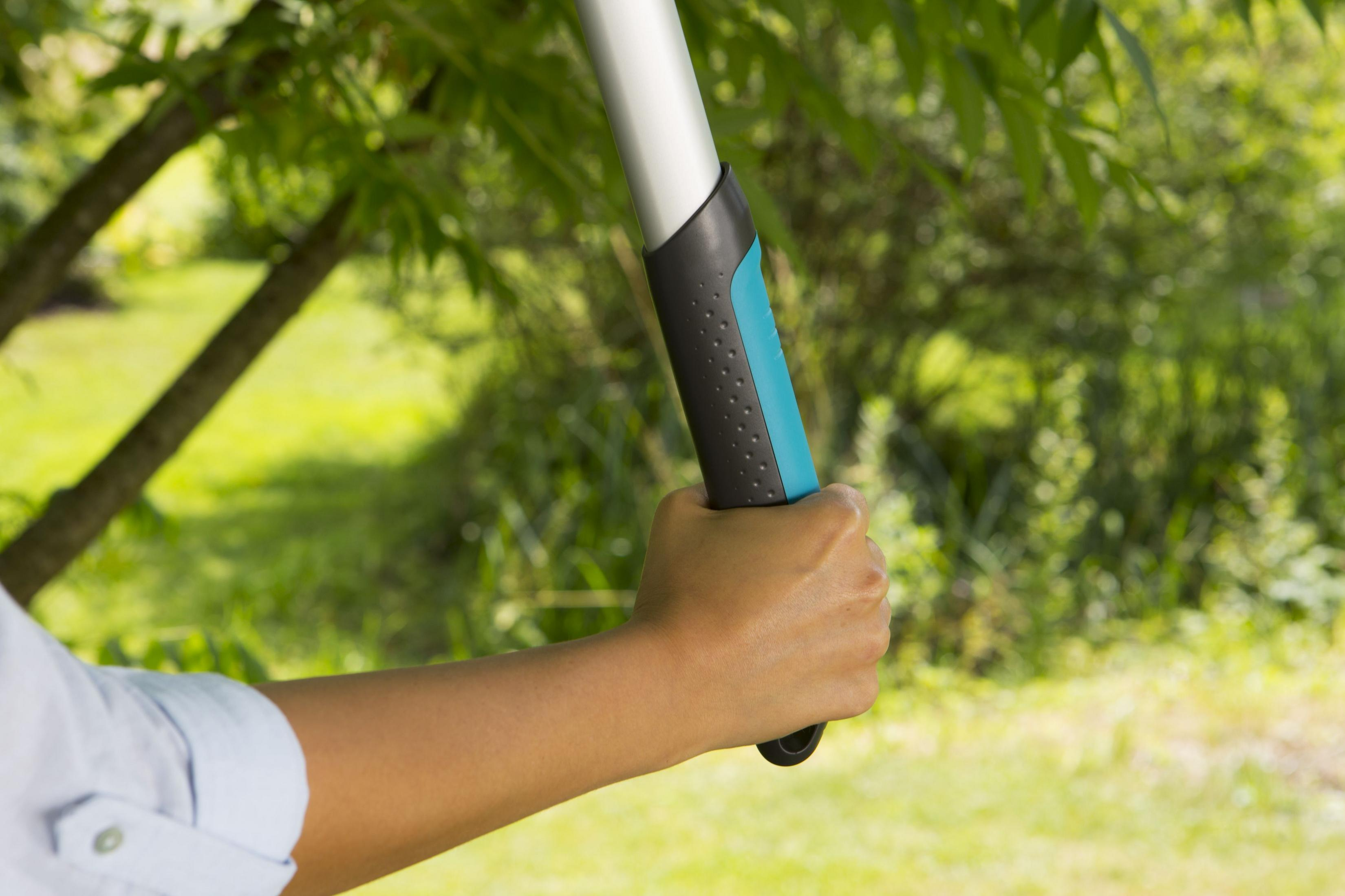 Una mano che tiene un attrezzo da giardinaggio blu e nero, su uno sfondo verde sfocato di alberi ed erba.