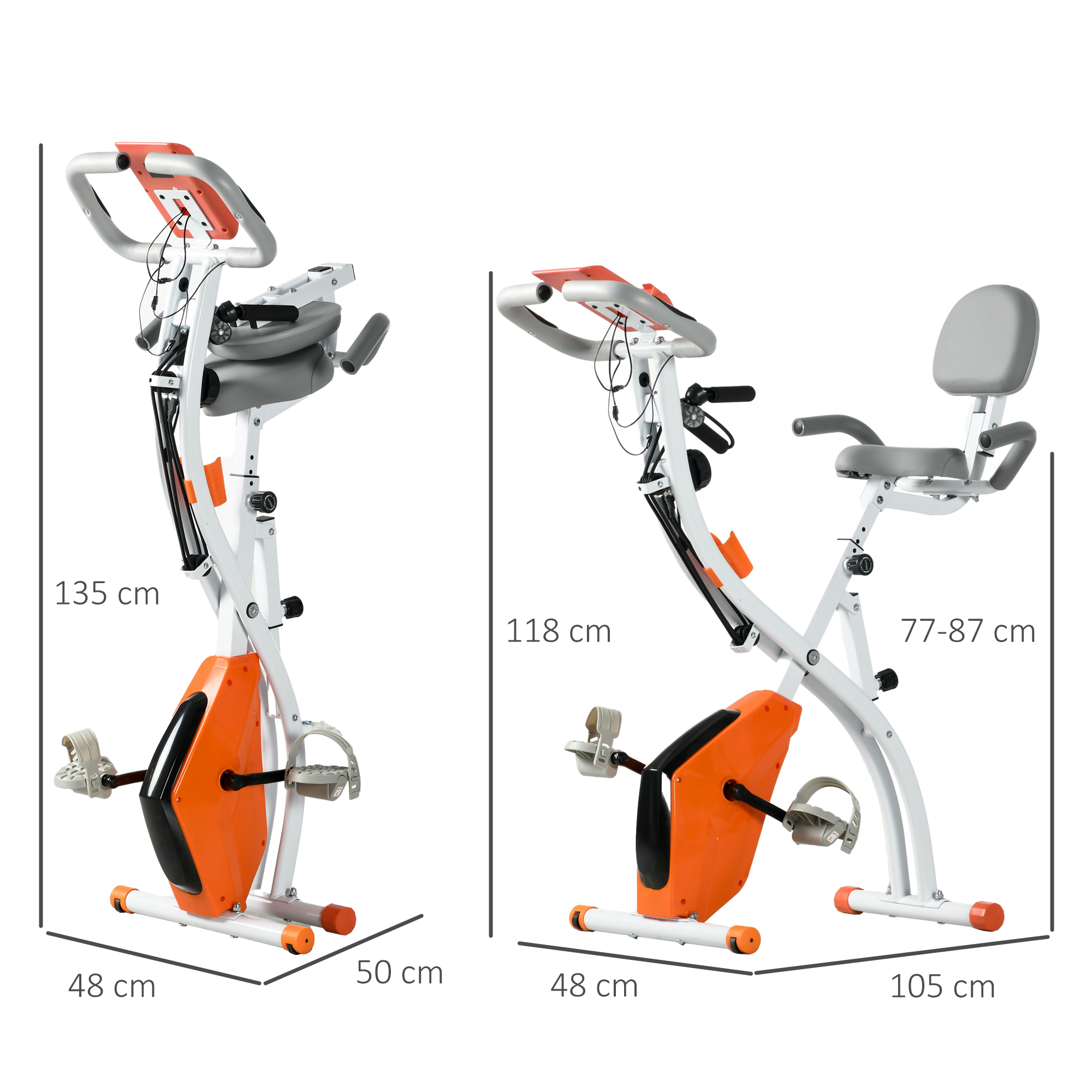 Due cyclette. Una ha lo schienale, l'altra no. Entrambe sono bianche e arancioni, con dimensioni.